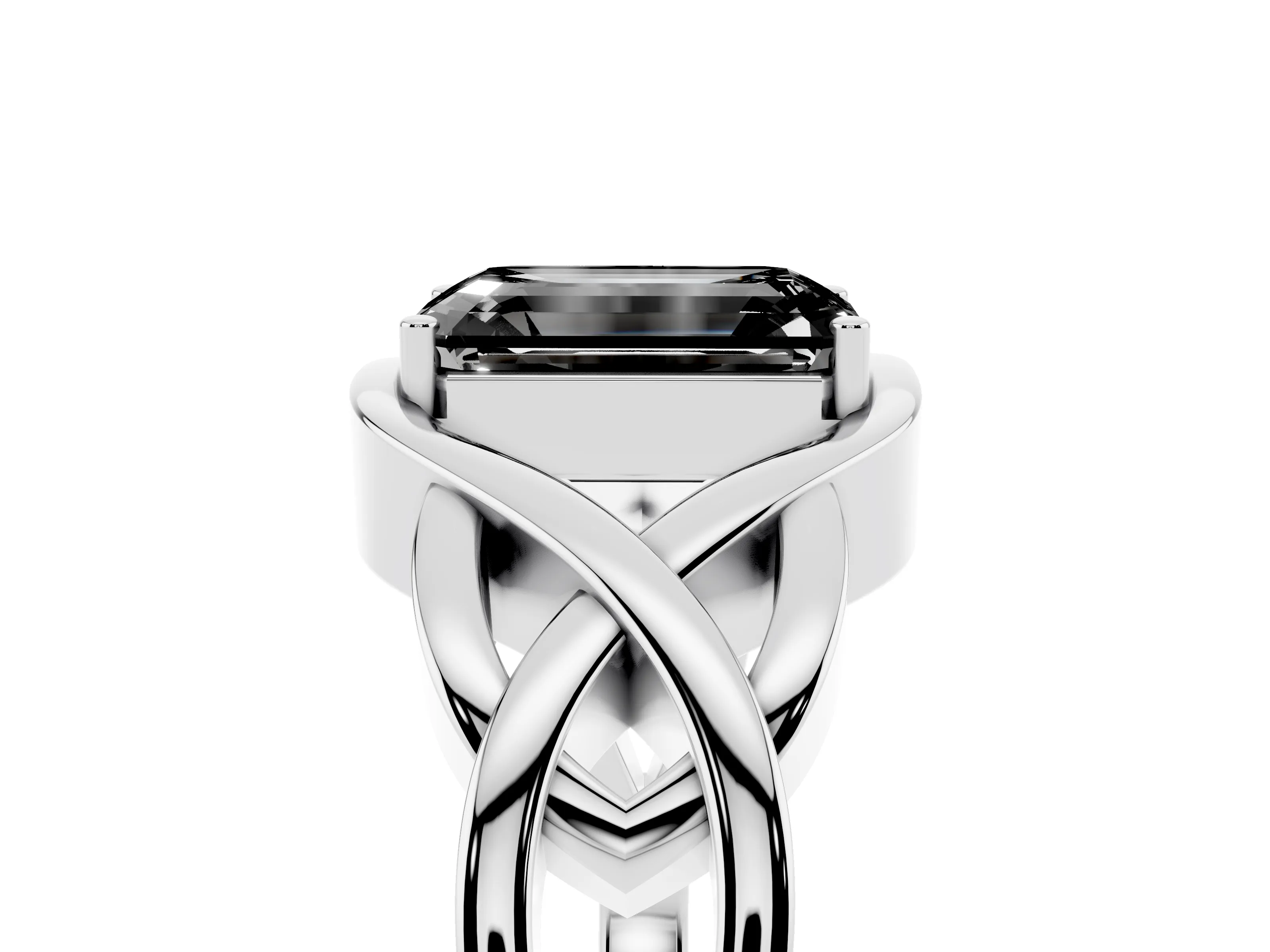 Fancy Black Emerald Cut Diamond Solitaire Ring Set in Platinum with Intertwined Band