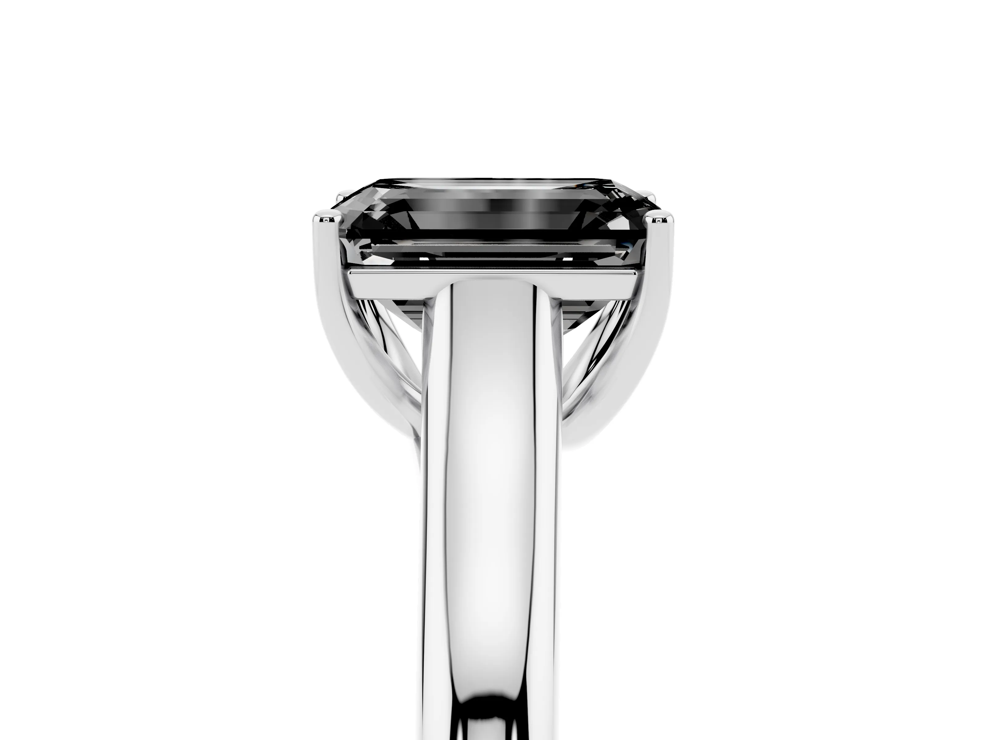 Fancy Black Emerald Cut Diamond Solitaire Engagement Ring Set in Platinum with Subtly Tapered Band and Prong Setting