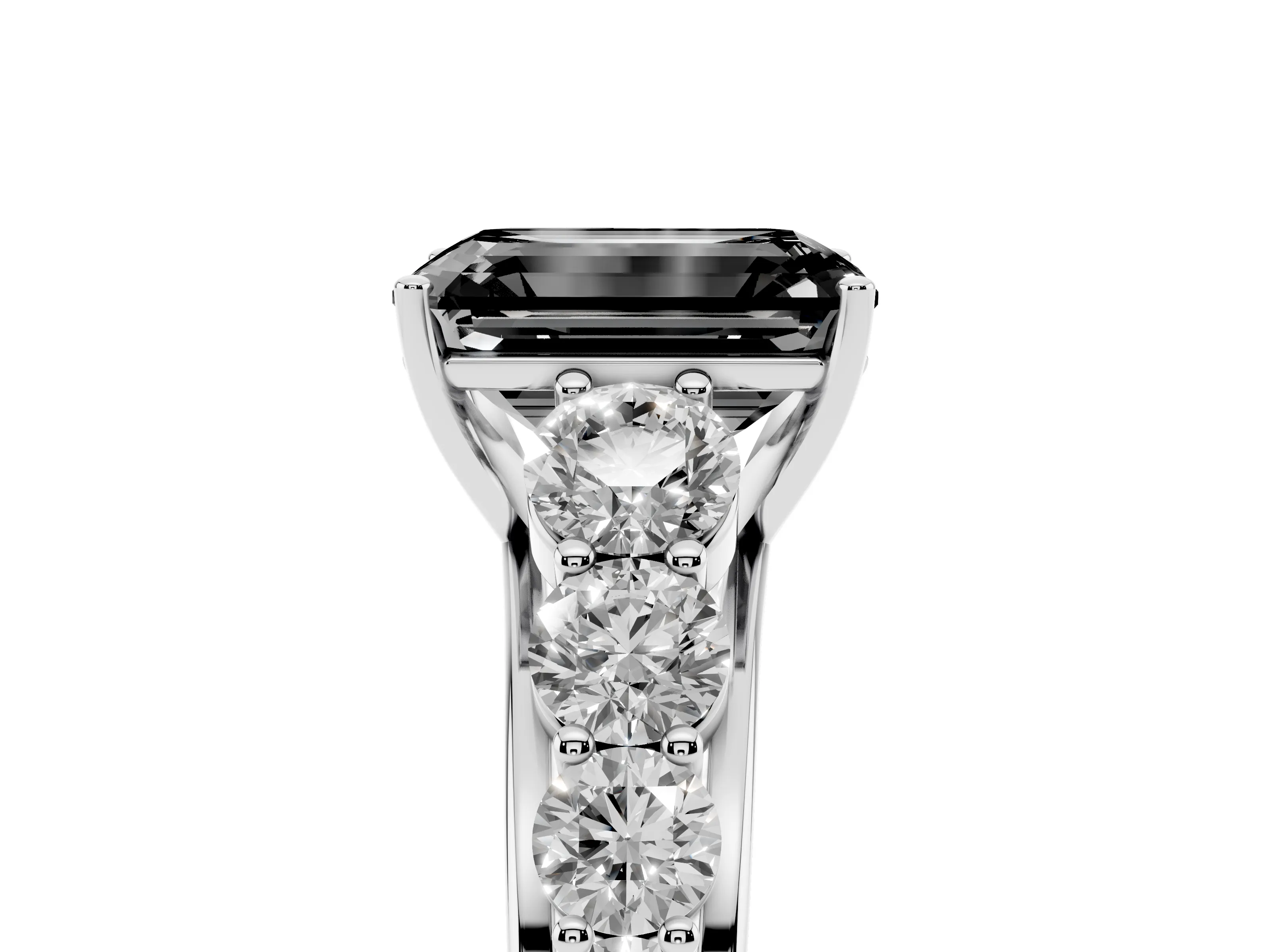 Fancy Black Emerald Cut Diamond Solitaire Ring Set in Platinum with Pavé-Set Band and Prong Setting