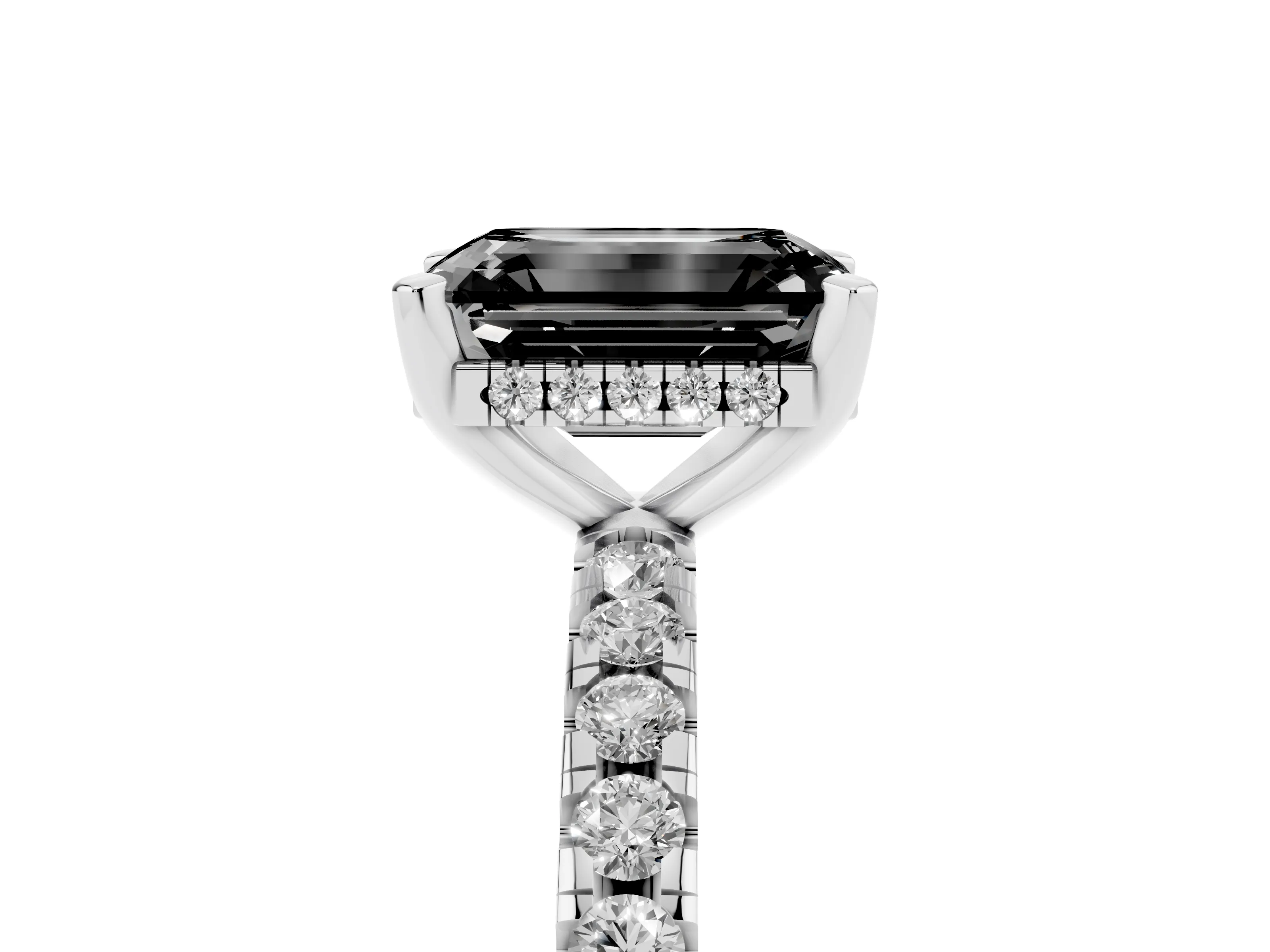 Fancy Black Emerald Cut Diamond Pavé Solitaire Ring Set in White gold with Round Band Accents and Prong Setting