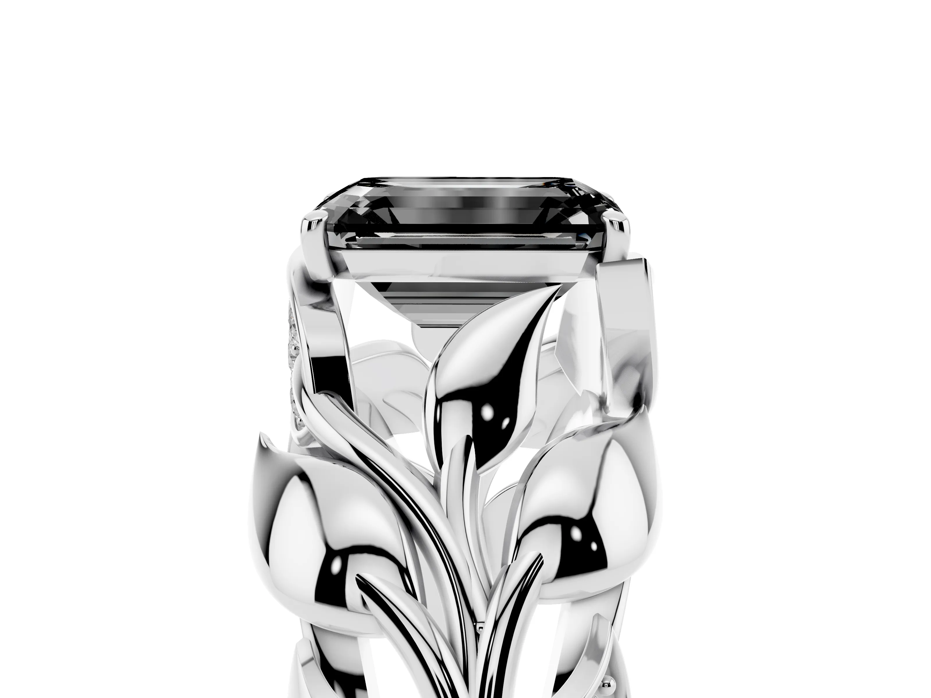 Fancy Black Emerald Cut Diamond Leaf-Inspired Engagement Ring Set in Silver with Round Accents