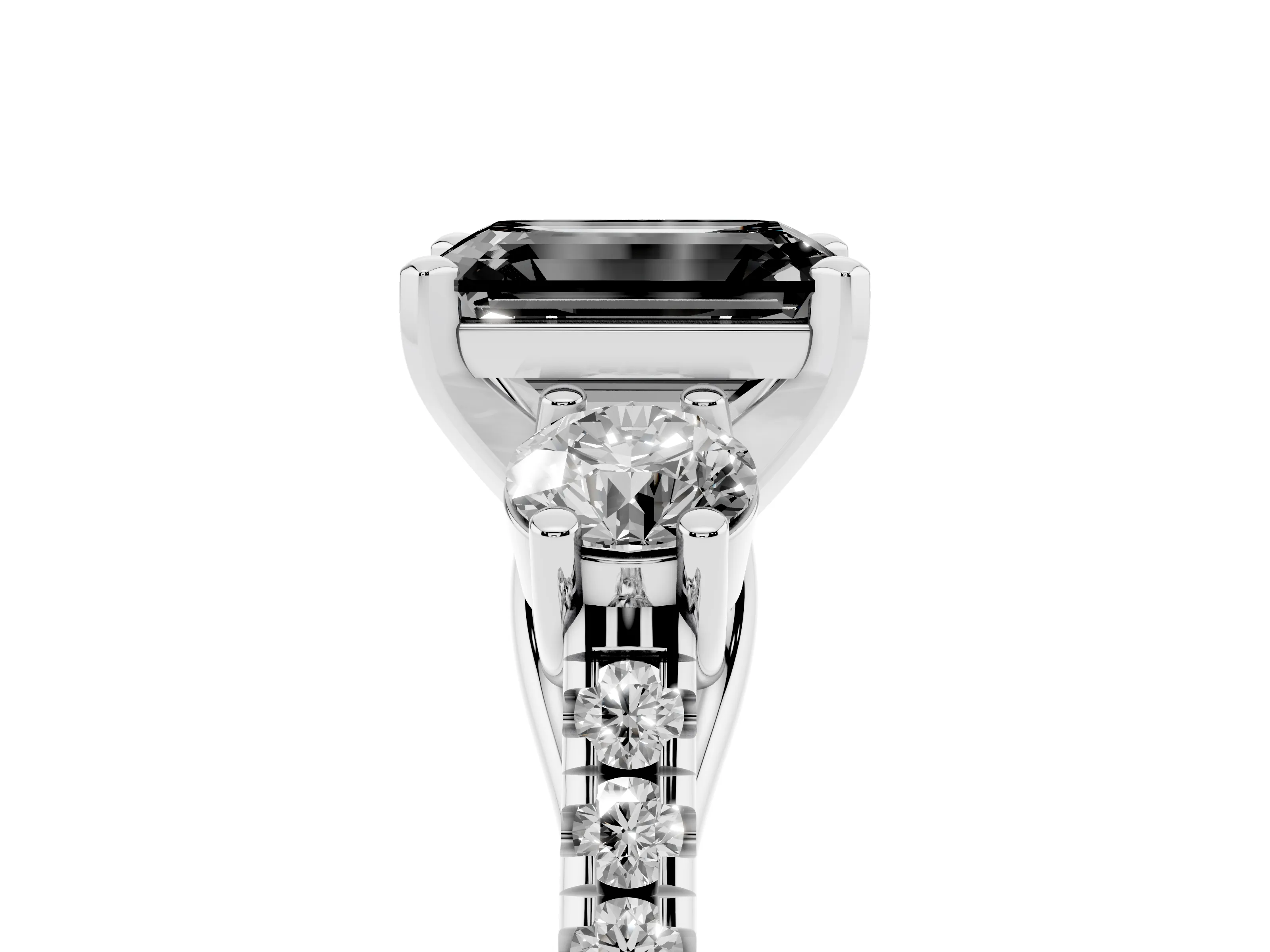 Fancy Black Three-Stone Emerald Cut Diamond Pavé Band Ring Set in Platinum with Prong-Set Trio