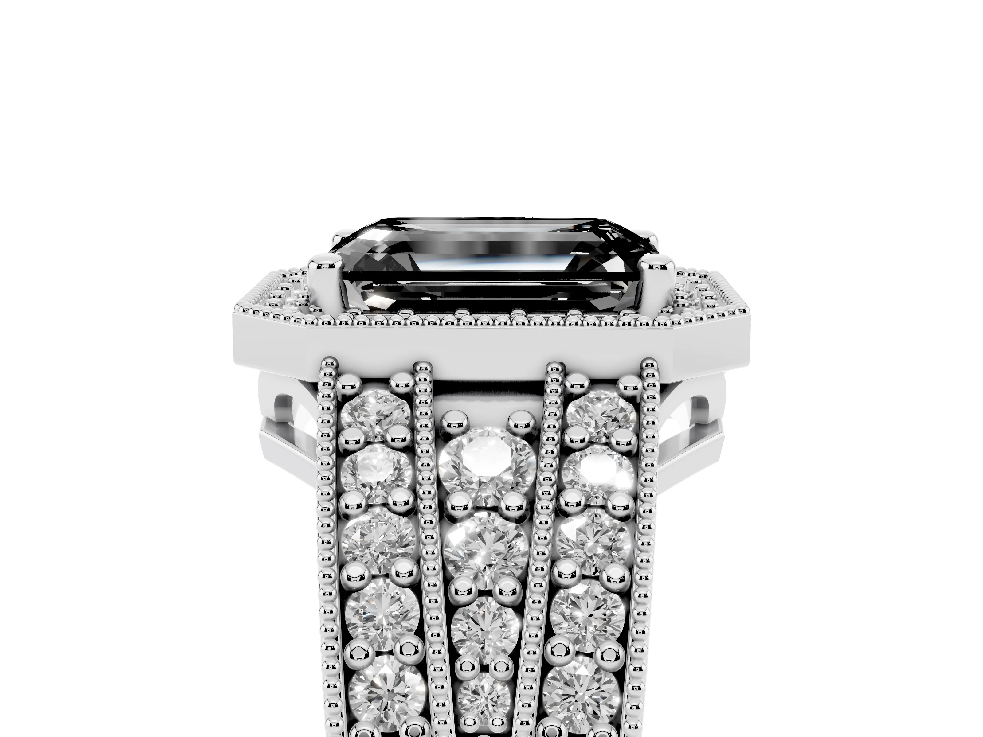Fancy Black Emerald Cut Diamond Halo Ring Set in Silver with Accent Split Shank and Prong Setting