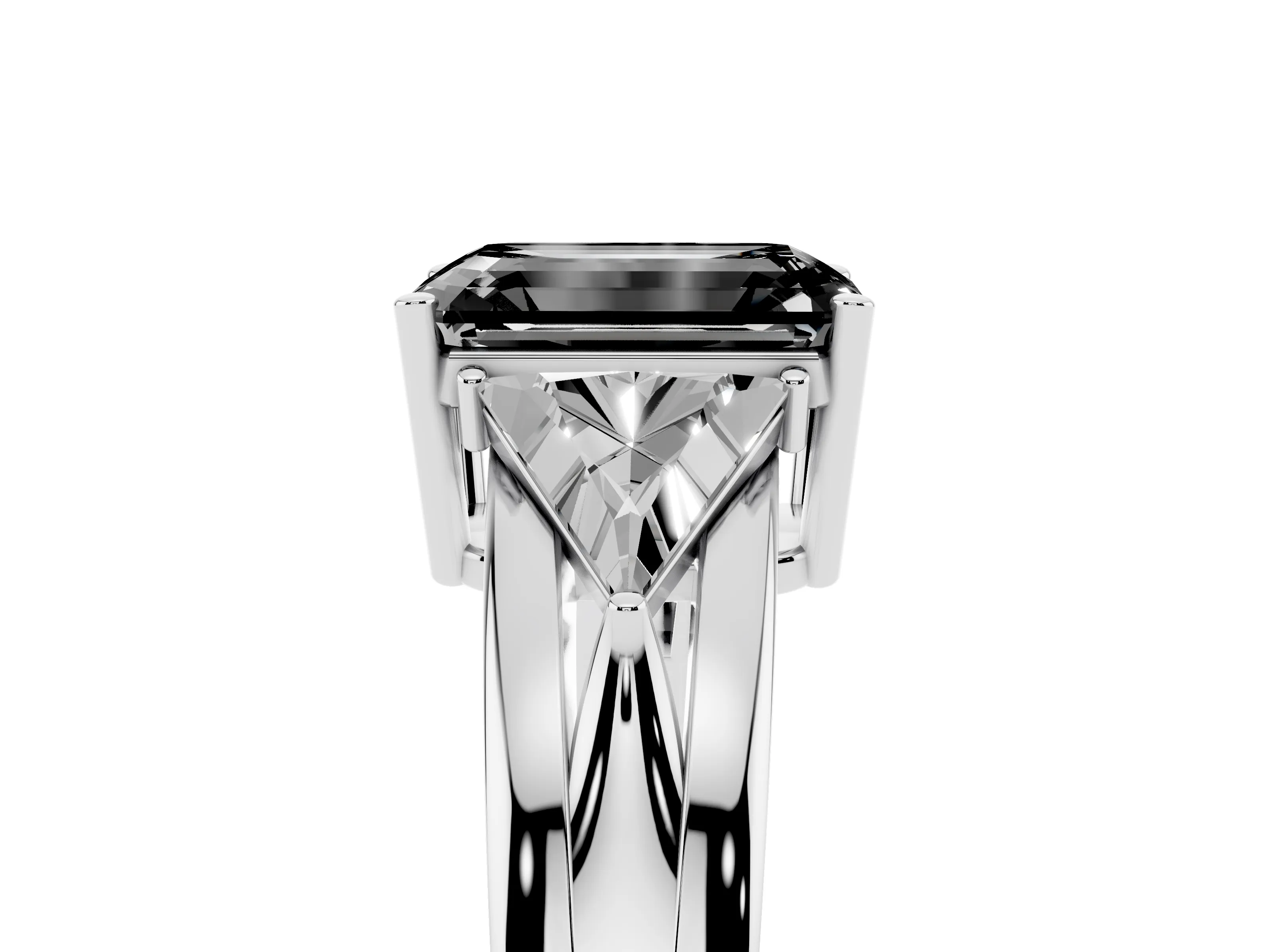 Fancy Black Emerald Cut Diamond Three-Stone Ring Set in Silver with Trillion Side Stones and Split Shank