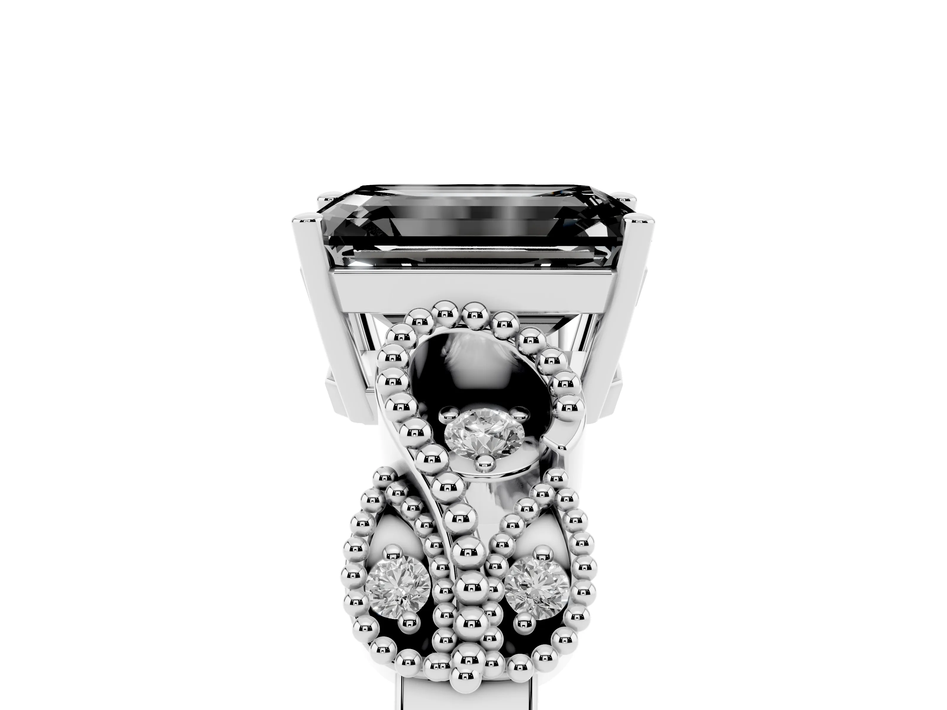 Fancy Black Emerald Cut Diamond Milgrain Leaf Band Solitaire Ring Set in Silver with Accent Stones and Prong Setting