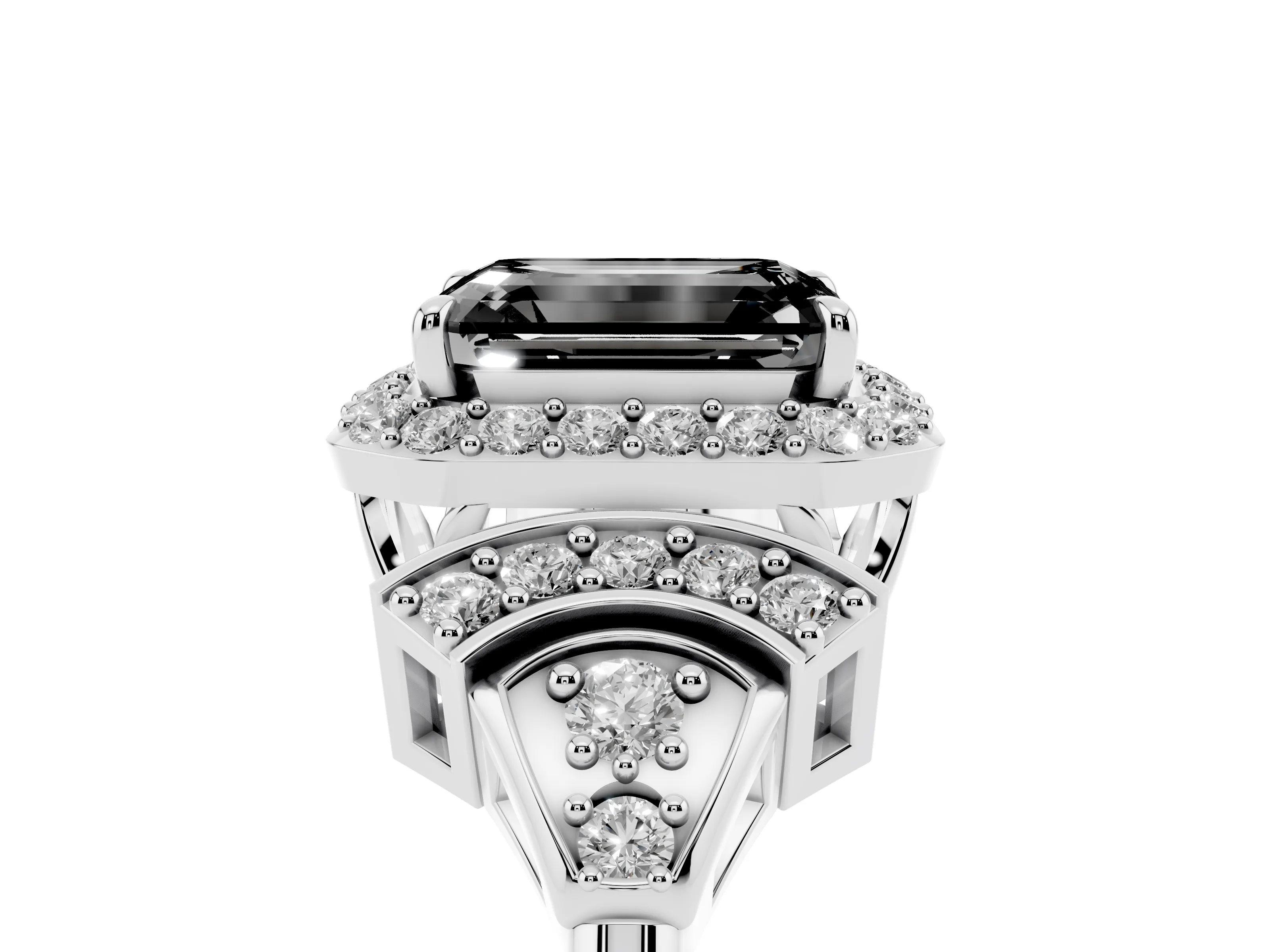 Fancy Black Emerald Cut Diamond Halo Engagement Ring Set in Silver with Accent Stone Split Shank