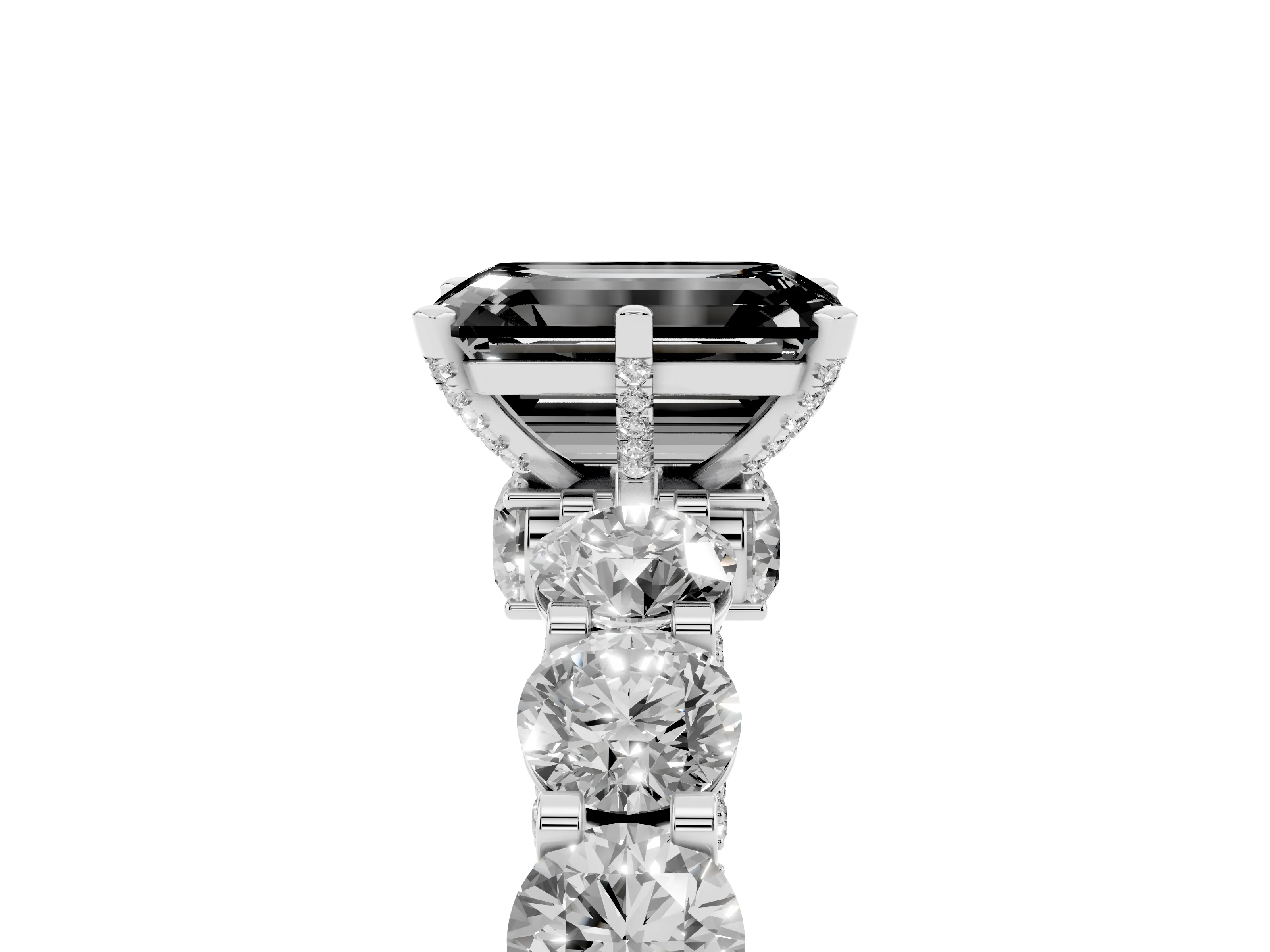 Fancy Black Emerald Cut Diamond Side Stone Ring Set in Silver with Alternating Round and Oval Side Stones