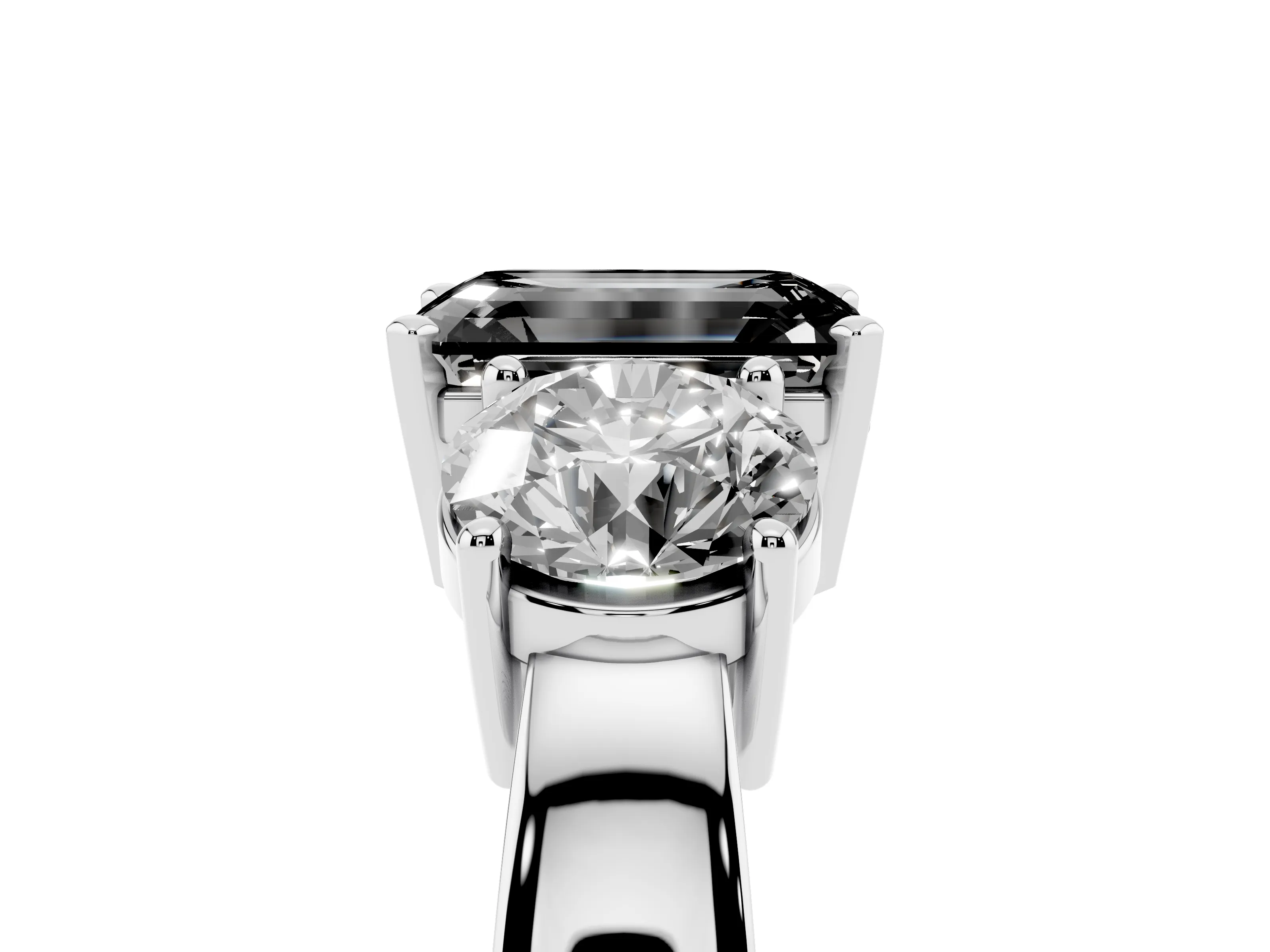 Fancy Black Emerald Cut Diamond Three-Stone Ring Set in Platinum with Round Side Stones and Classic Band