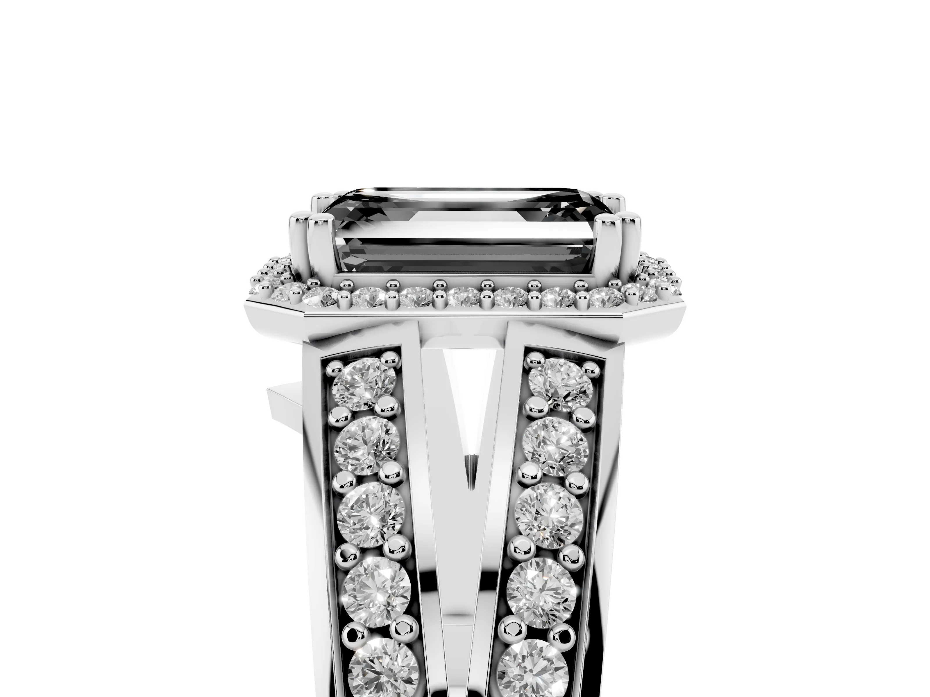 Fancy Black Emerald Cut Diamond Halo Ring Set in White gold with Double Pavé Split Shank