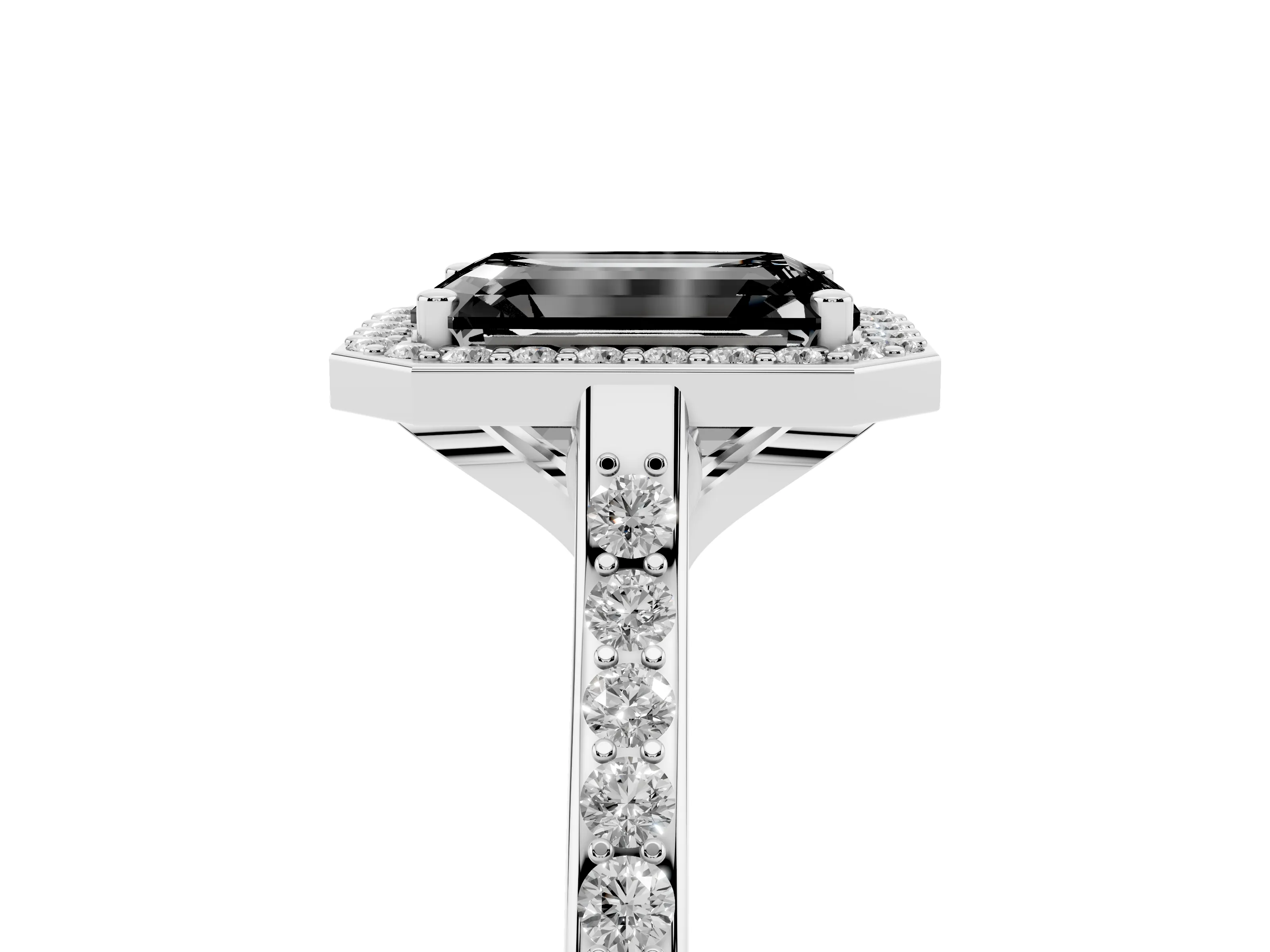 Fancy Black Emerald Cut Diamond Halo Engagement Ring Set in Silver with Round Pavé Shoulders and Heart Gallery