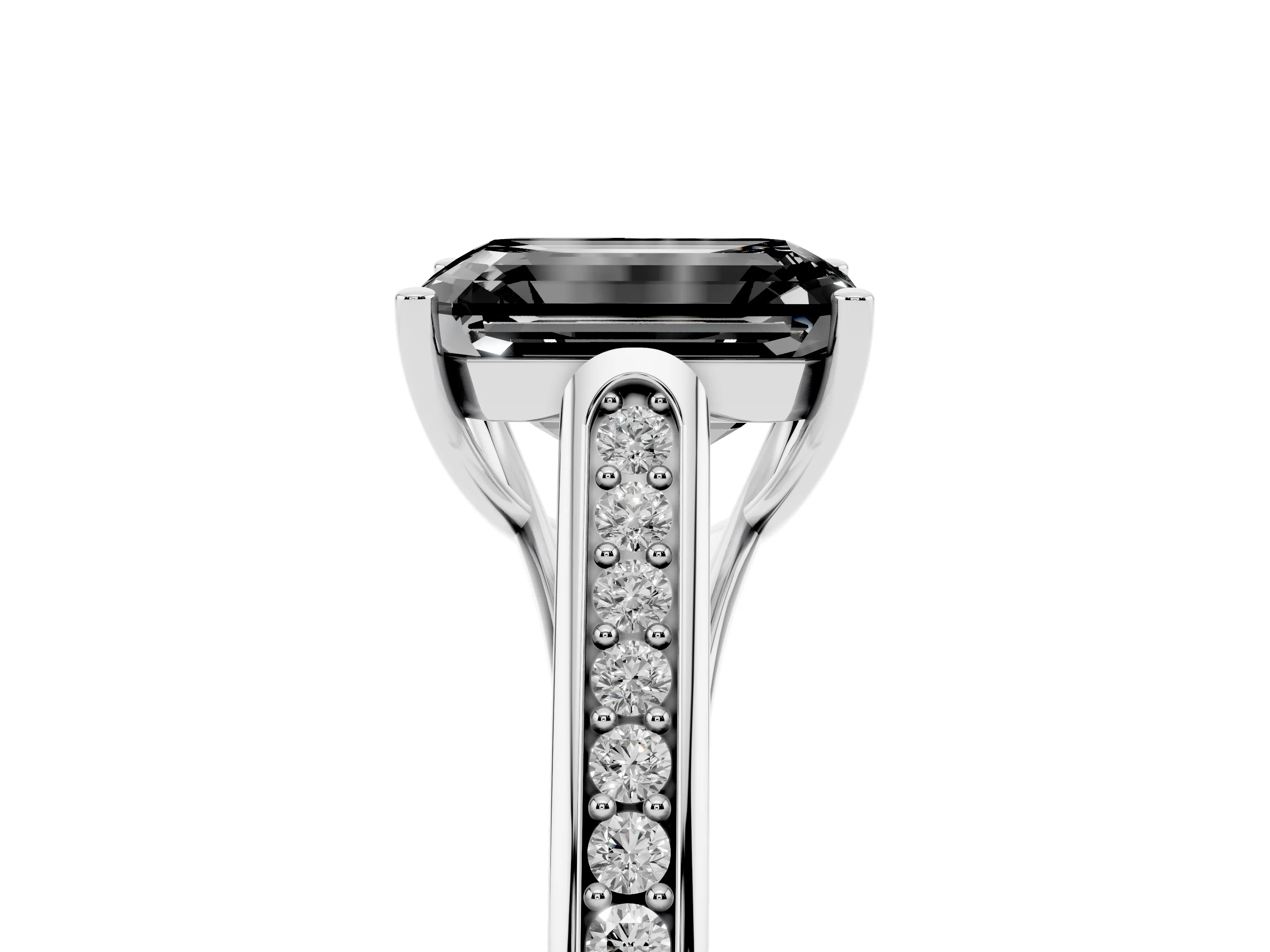Fancy Black Emerald Cut Diamond Solitaire Cathedral Engagement Ring Set in White gold with Channel-Set Band and Prong Setting
