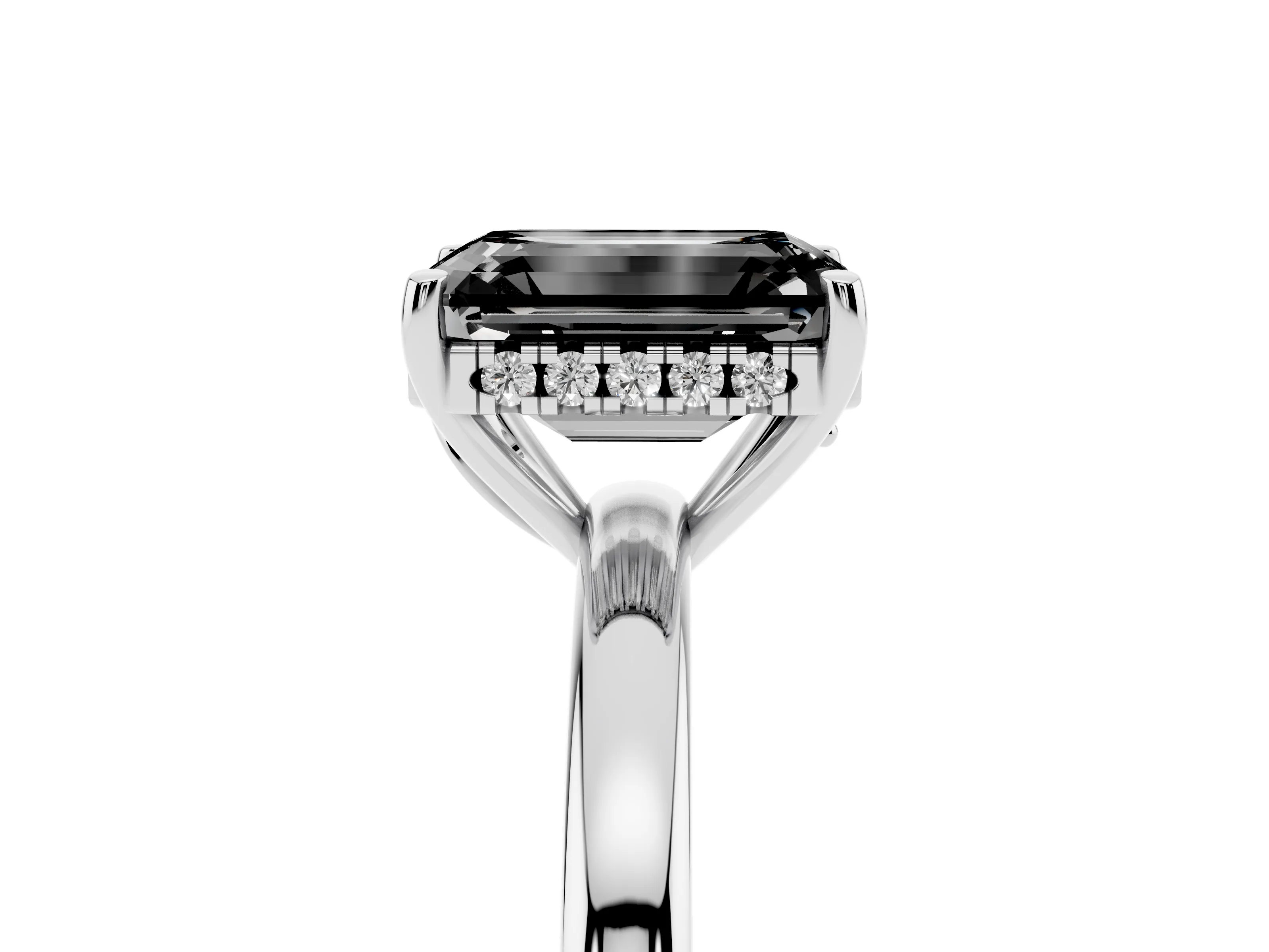 Fancy Black Emerald Cut Diamond Solitaire Ring Set in Platinum with Plain Band and Prong Setting
