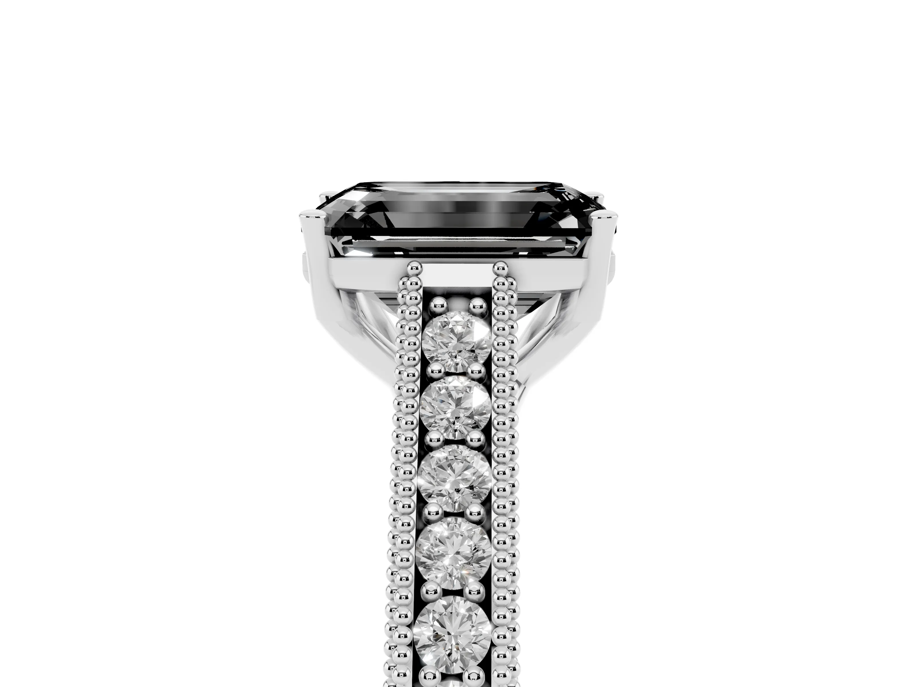 Fancy Black Emerald Cut Diamond Milgrain Pavé Band Solitaire Ring Set in Platinum with Prong Setting