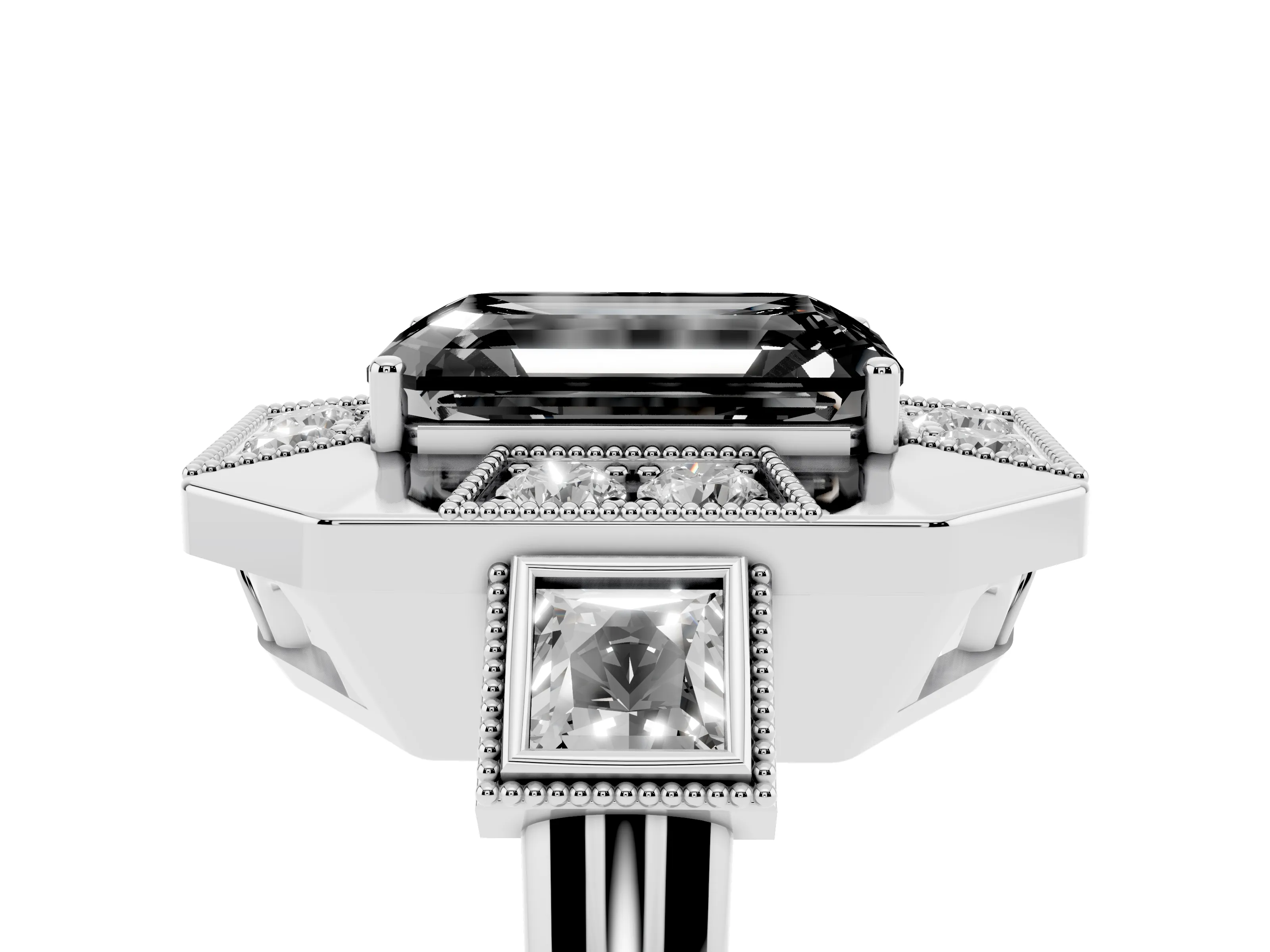 Fancy Black Emerald Cut Diamond Milgrain Halo Ring Set in Silver with Split Shank