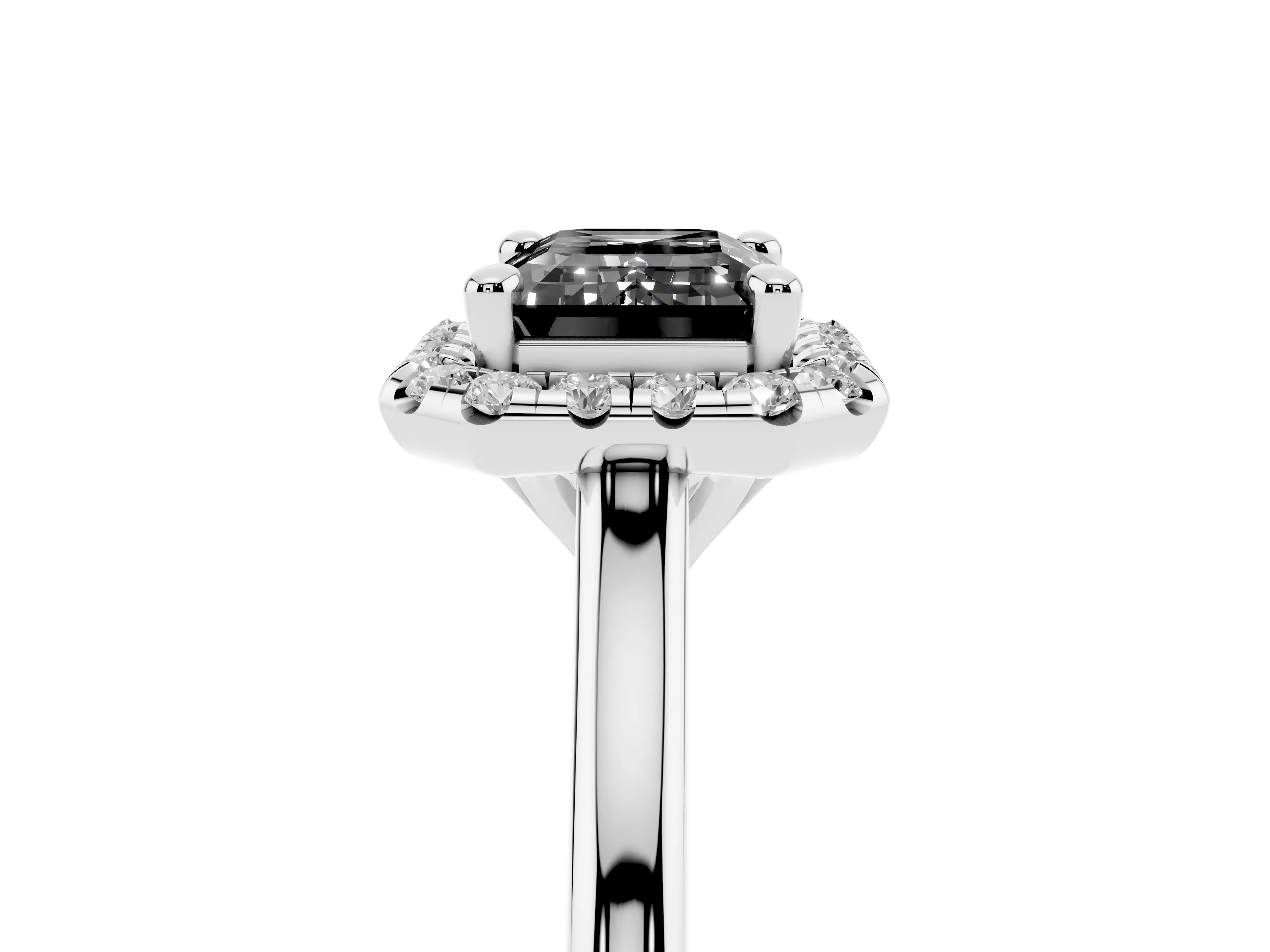 Fancy Black Emerald Cut Diamond Halo Engagement Ring Set in White gold with Pavé Band and Rising Shoulders
