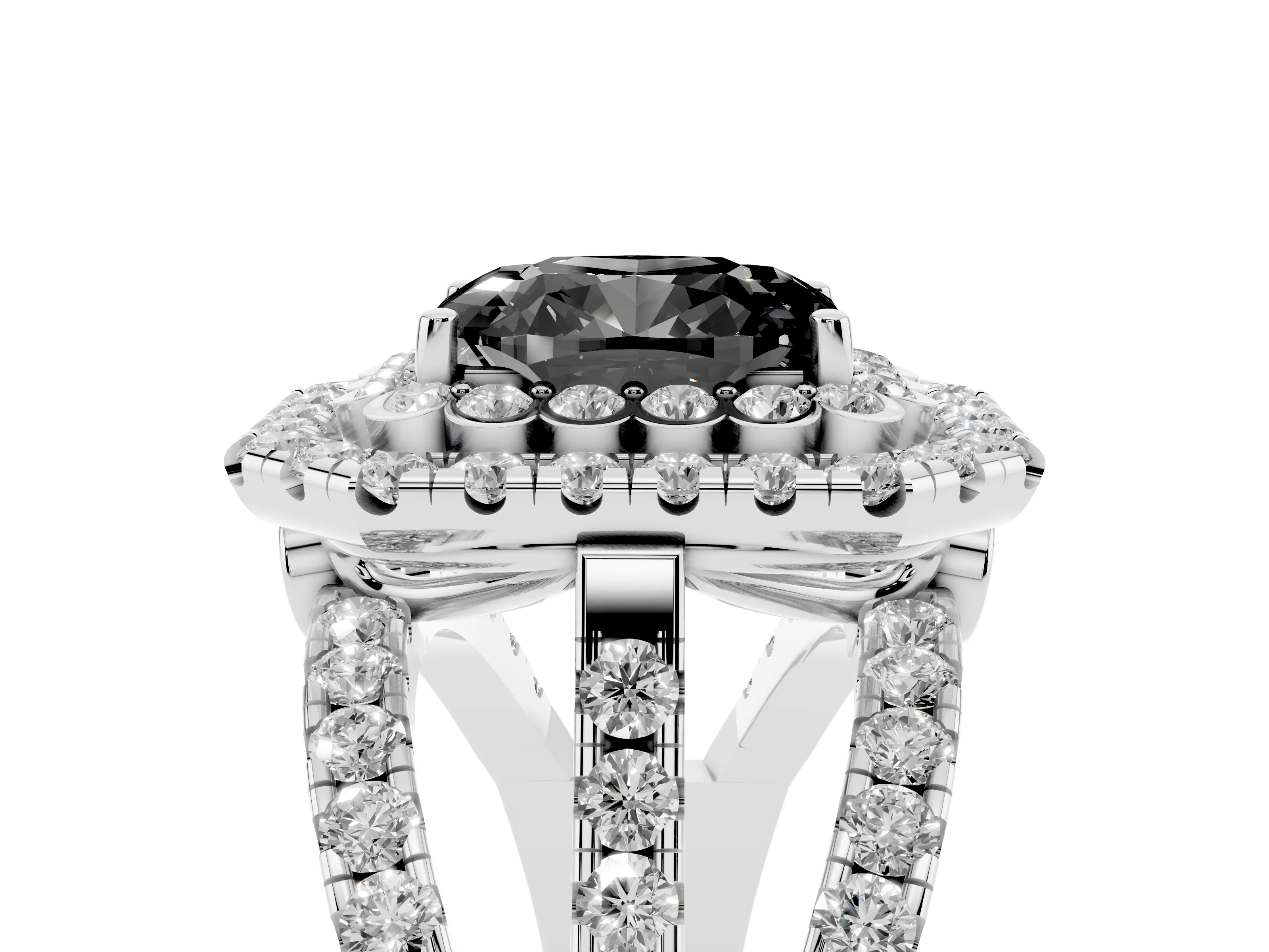 Fancy Black Emerald Cut Diamond Double Halo Ring Set in Silver with Round Pavé Split Shank