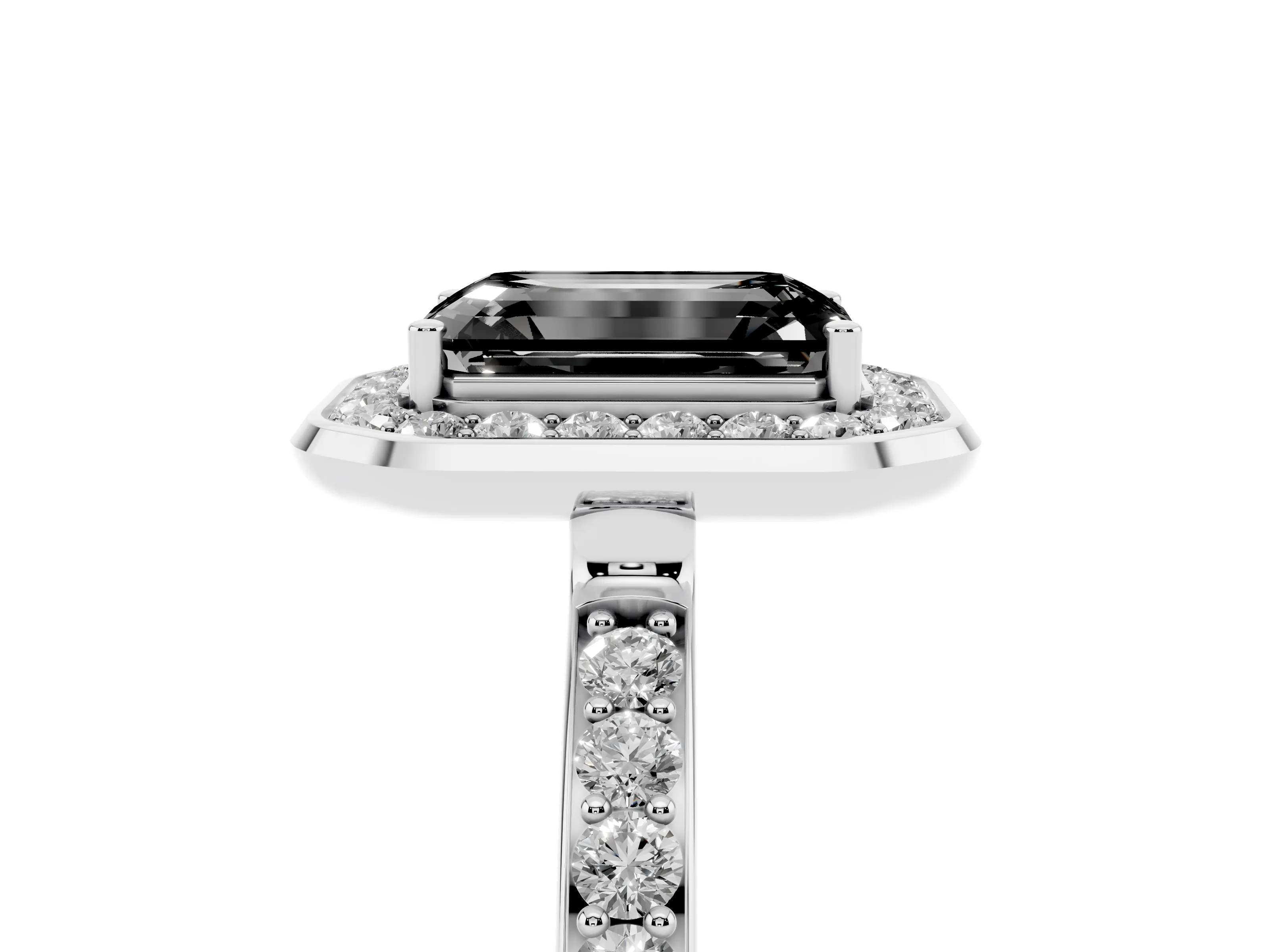 Fancy Black Emerald Cut Diamond Halo Ring Set in Platinum with Bezel Frame and Pavé Band