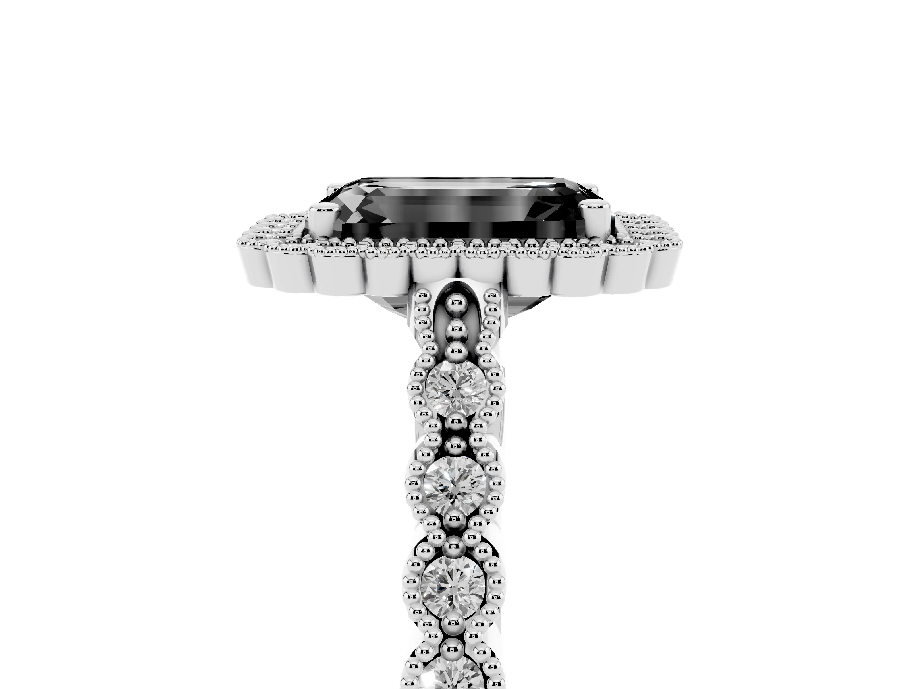 Fancy Black Emerald Cut Diamond Halo Ring Set in White gold with Pavé Milgrain Band