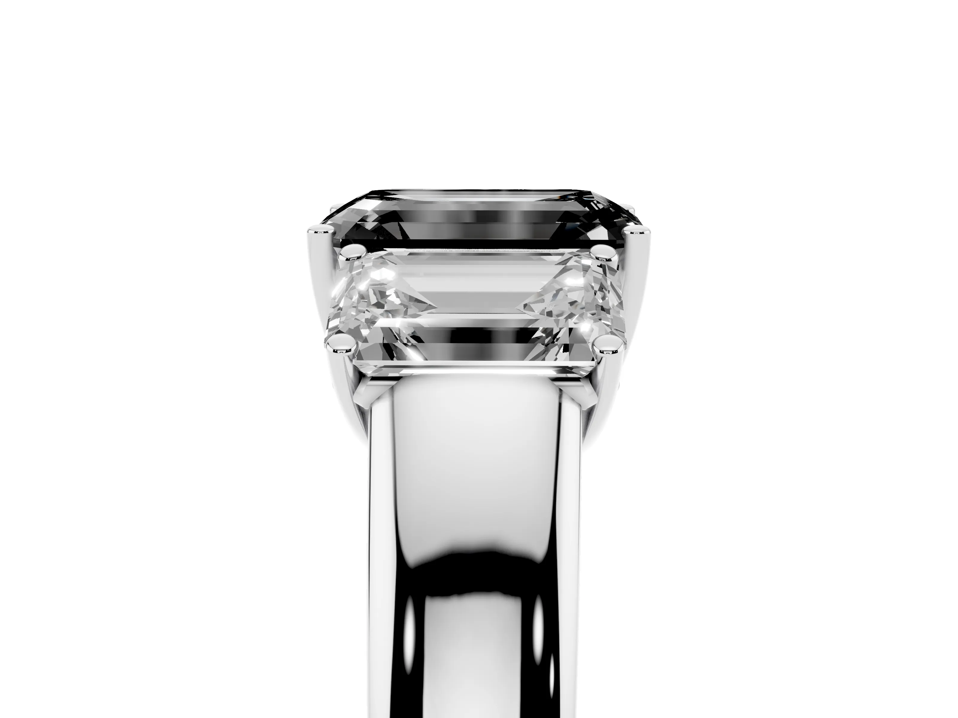 Fancy Black Three-Stone Emerald Cut Diamond Ring Set in Platinum with Matching Prong Settings and Plain Band