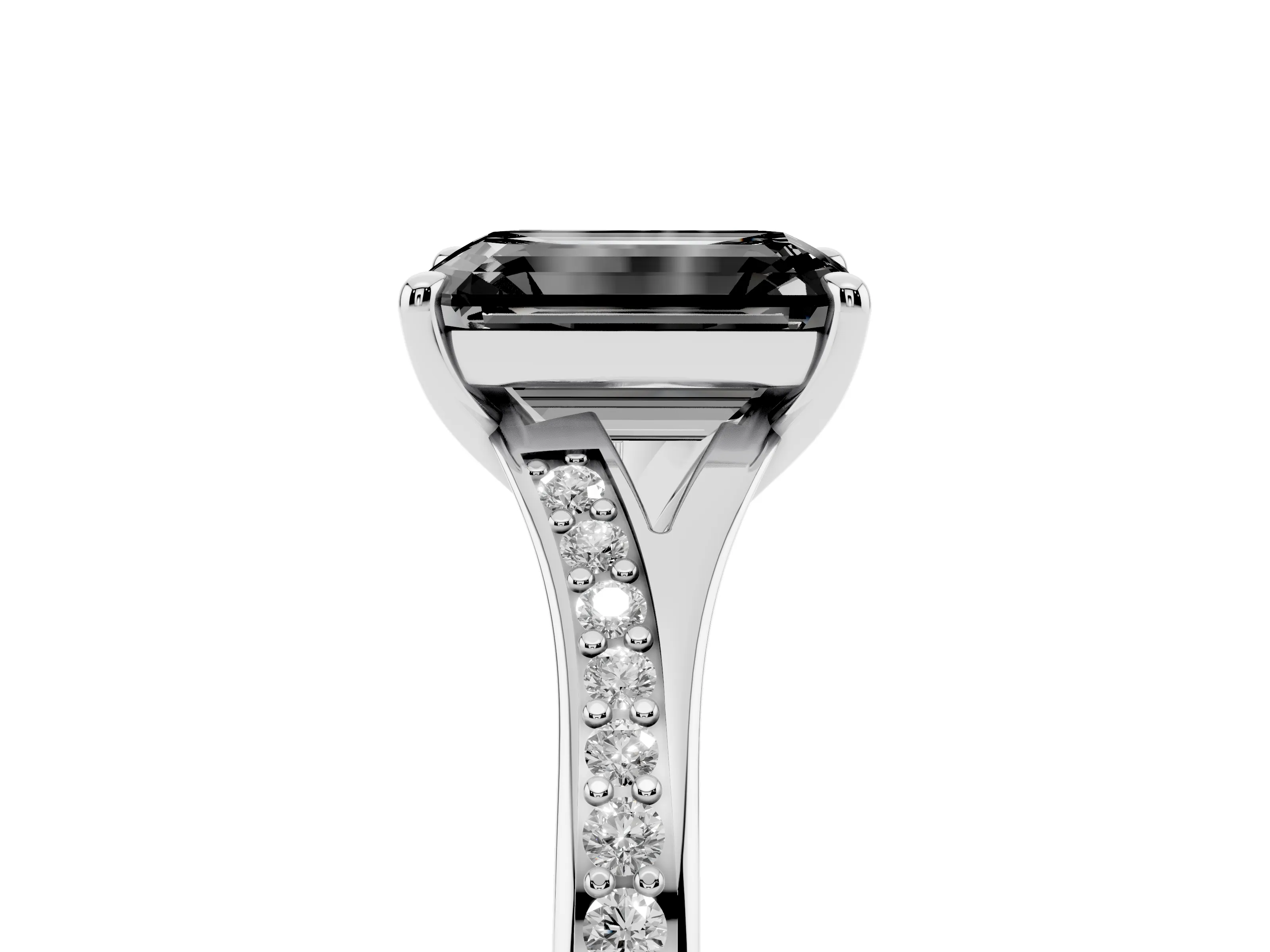 Fancy Black Emerald Cut Diamond Solitaire Ring Set in Platinum with Pavé Accent Band and Classic Prong Setting