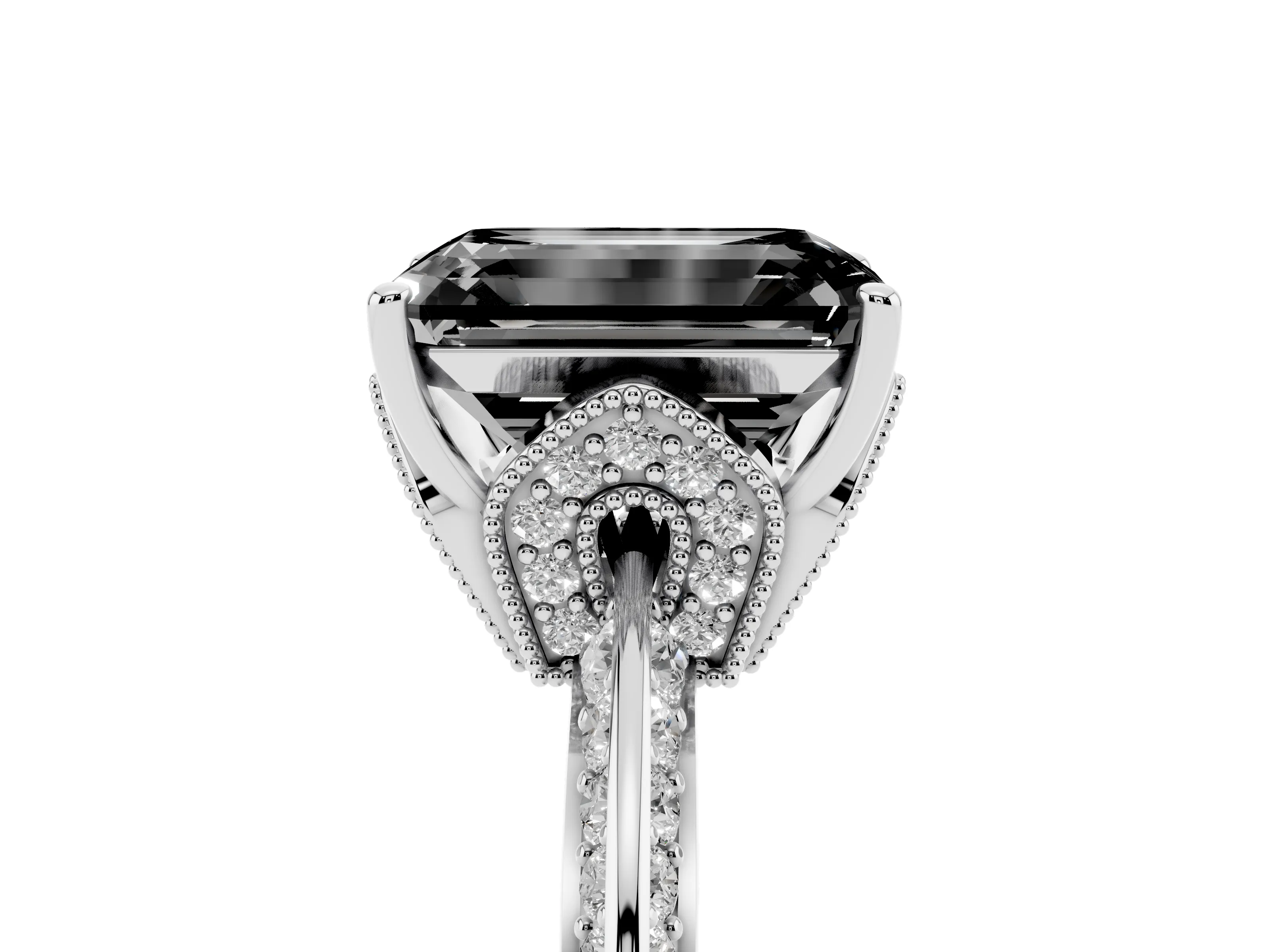 Fancy Black Emerald Cut Diamond Solitaire Engagement Ring Set in White gold with Pavé Split Shank and Prong Setting