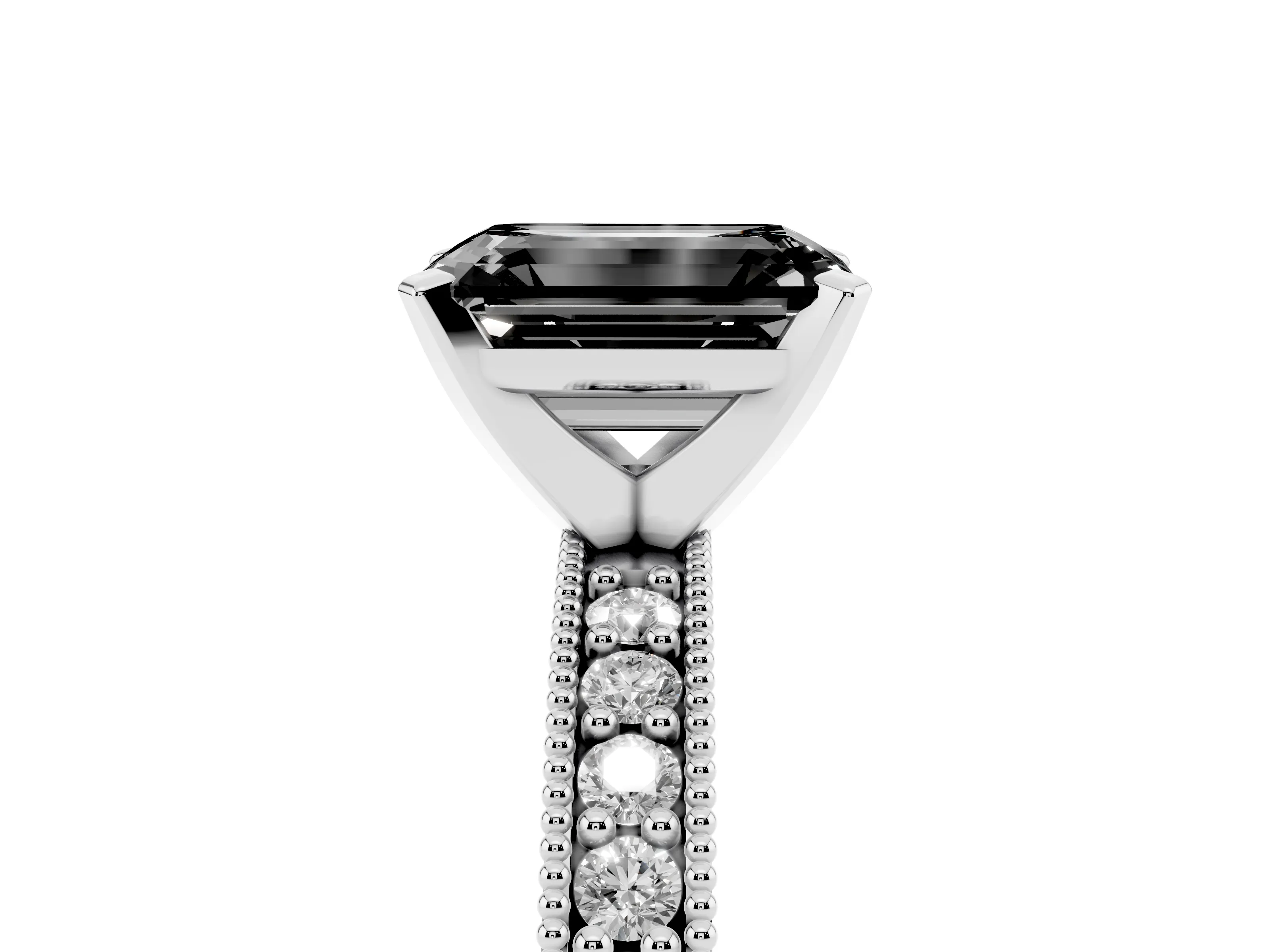 Fancy Black Emerald Cut Diamond Milgrain Pavé Engagement Ring Set in Silver with Prong Setting