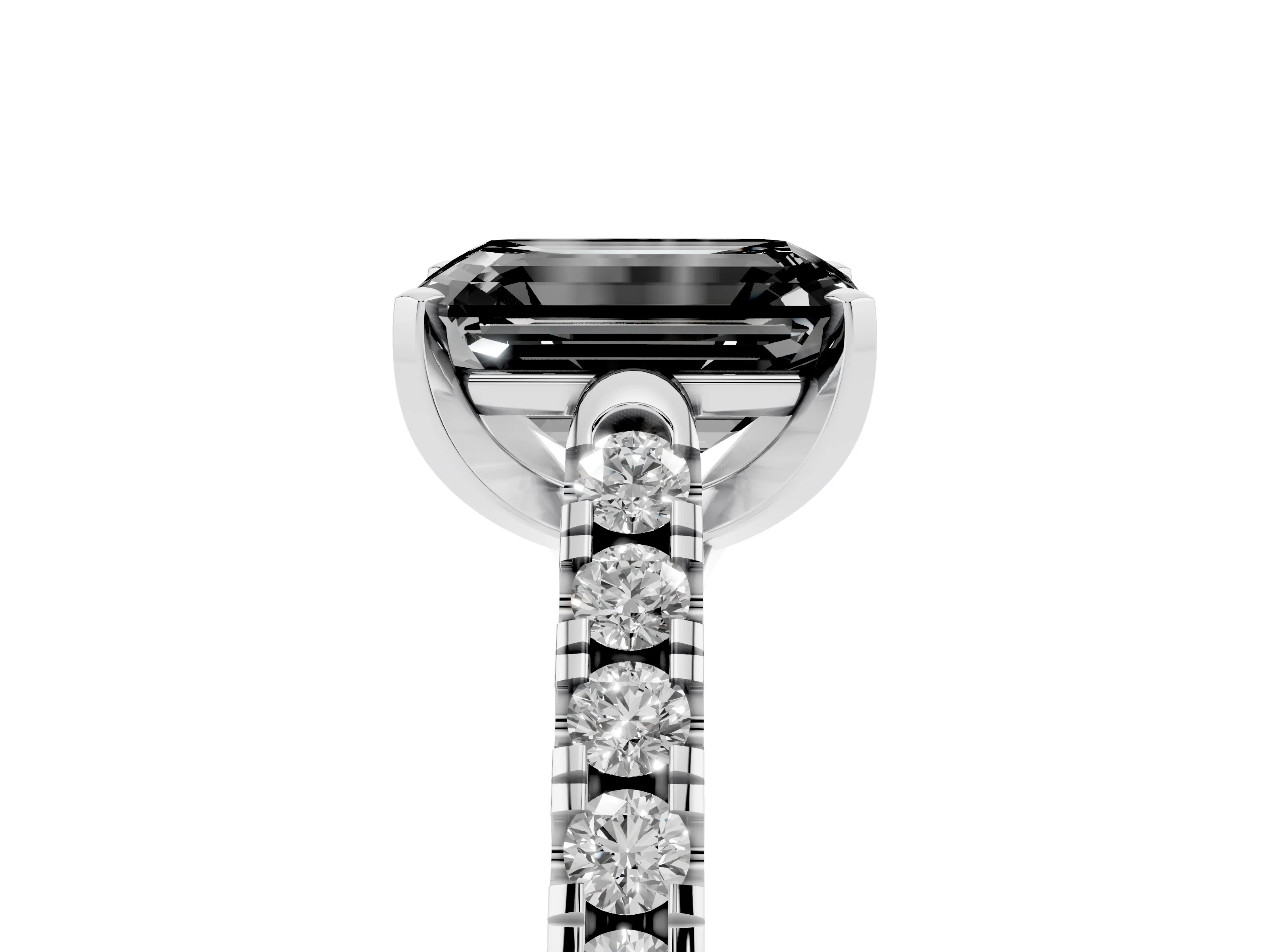 Fancy Black Emerald Cut Diamond Pavé Band Solitaire Ring Set in Platinum with Partway Accent Stones and Prong Setting