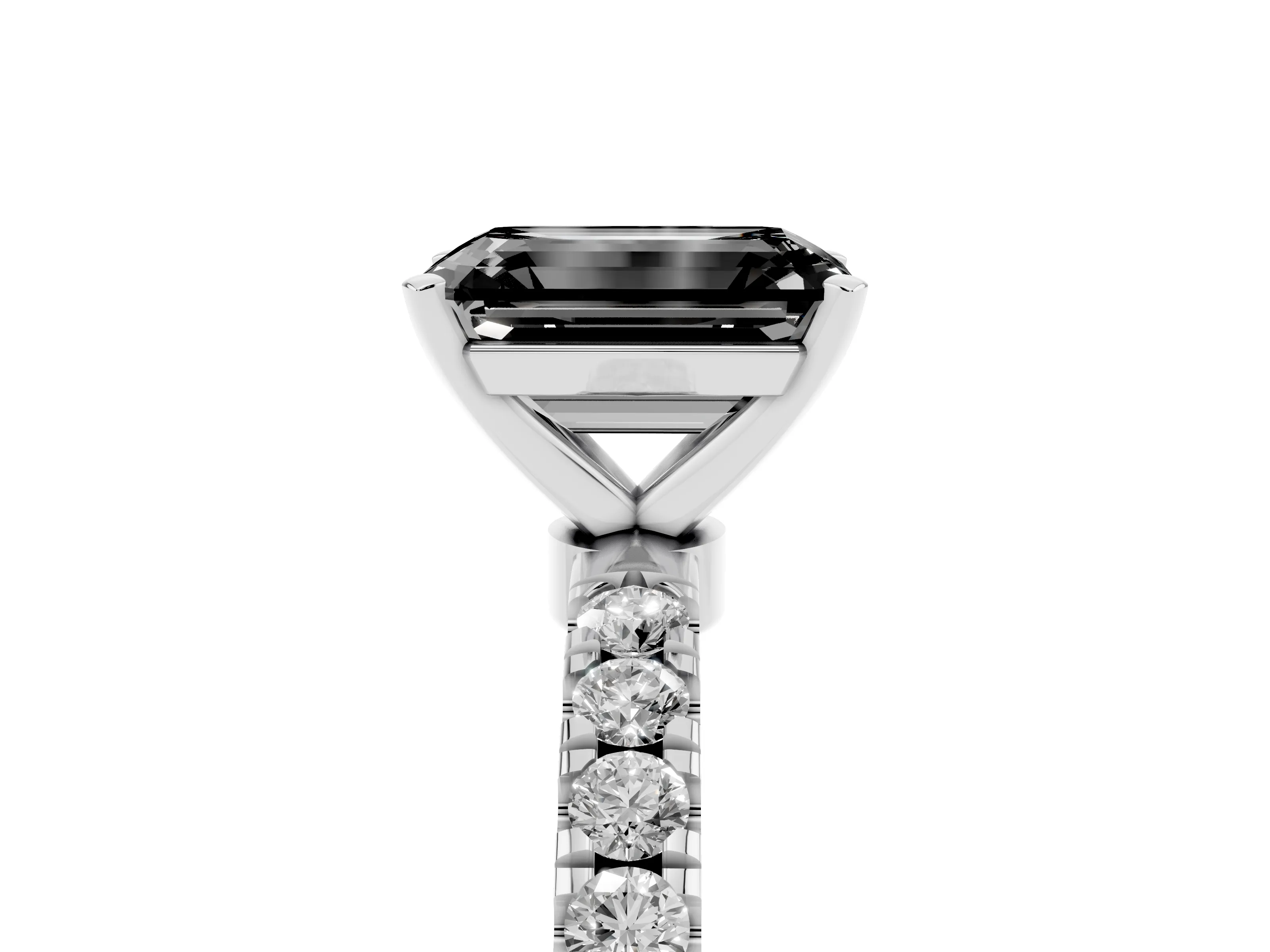 Fancy Black Emerald Cut Diamond Solitaire Ring Set in Platinum with Pavé Accents and Prong Setting