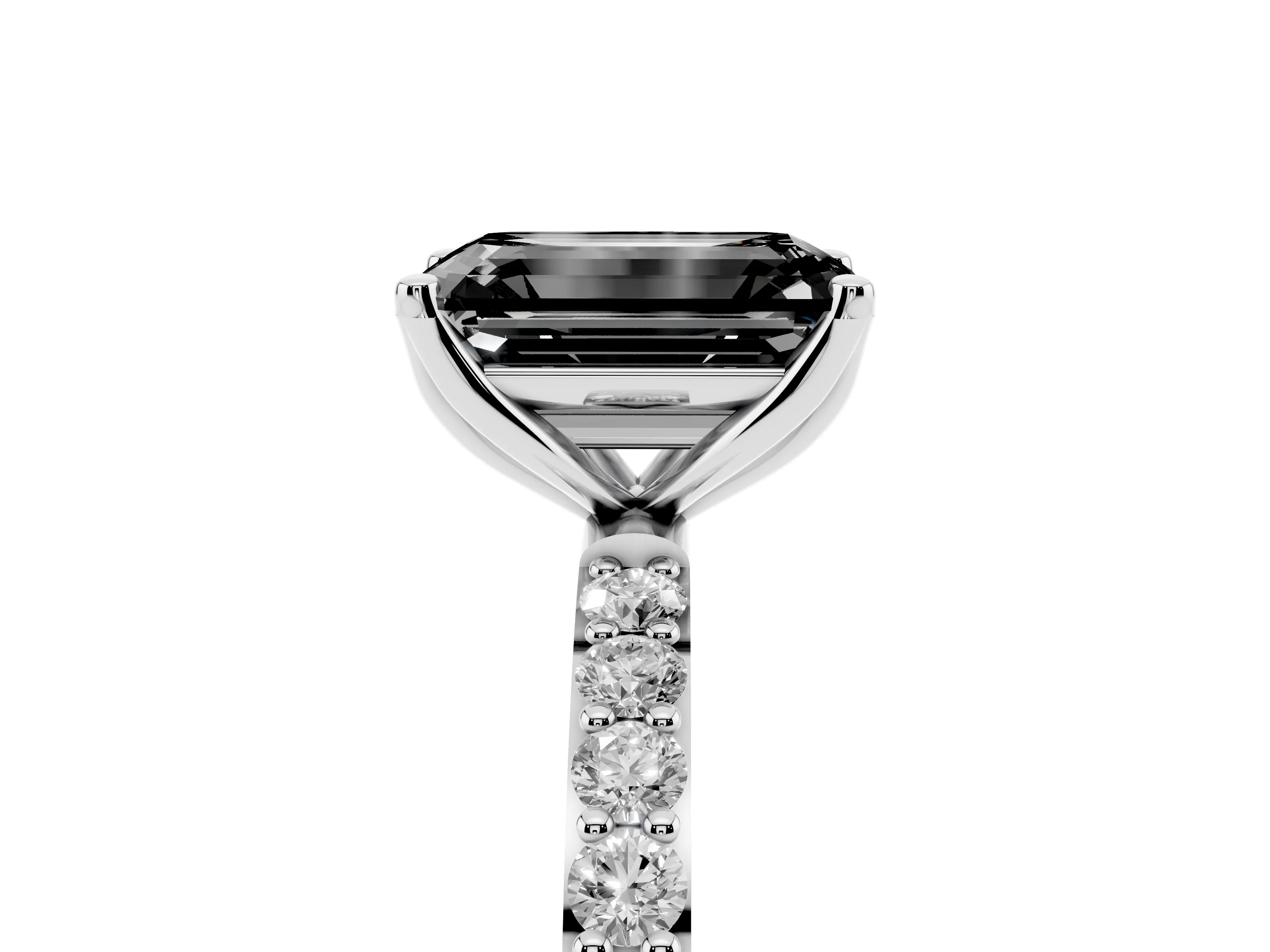 Fancy Black Emerald Cut Diamond Solitaire Engagement Ring Set in Platinum with Round Pavé Band and Prong Setting