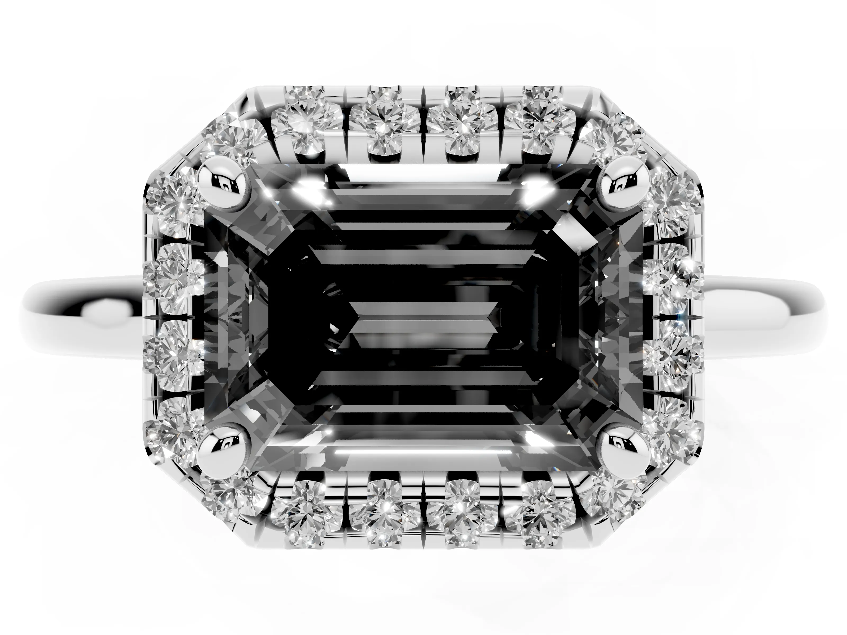 Fancy Black Emerald Cut Diamond Halo Engagement Ring Set in White gold with Pavé Band and Rising Shoulders