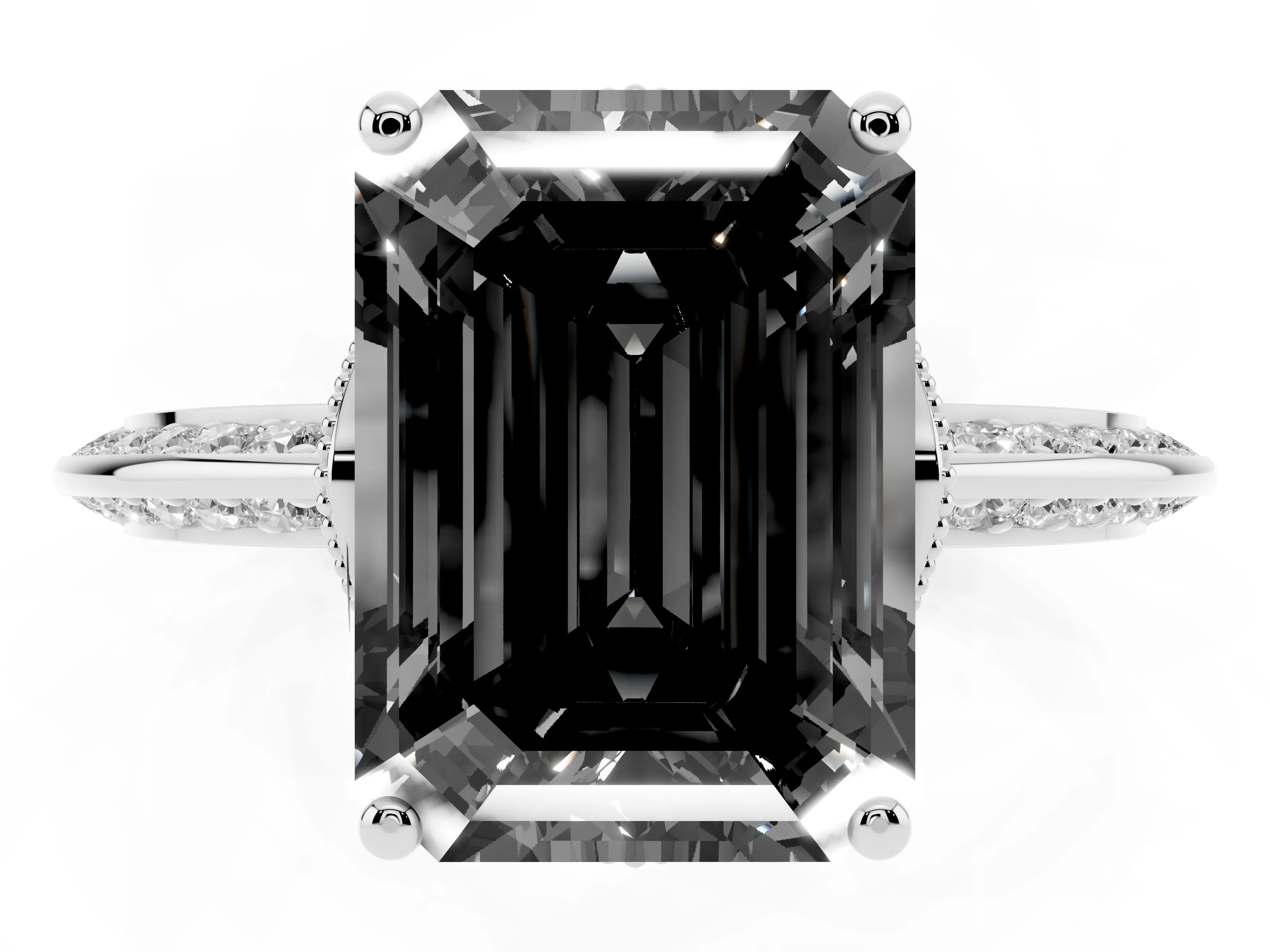 Fancy Black Emerald Cut Diamond Solitaire Engagement Ring Set in White gold with Pavé Split Shank and Prong Setting