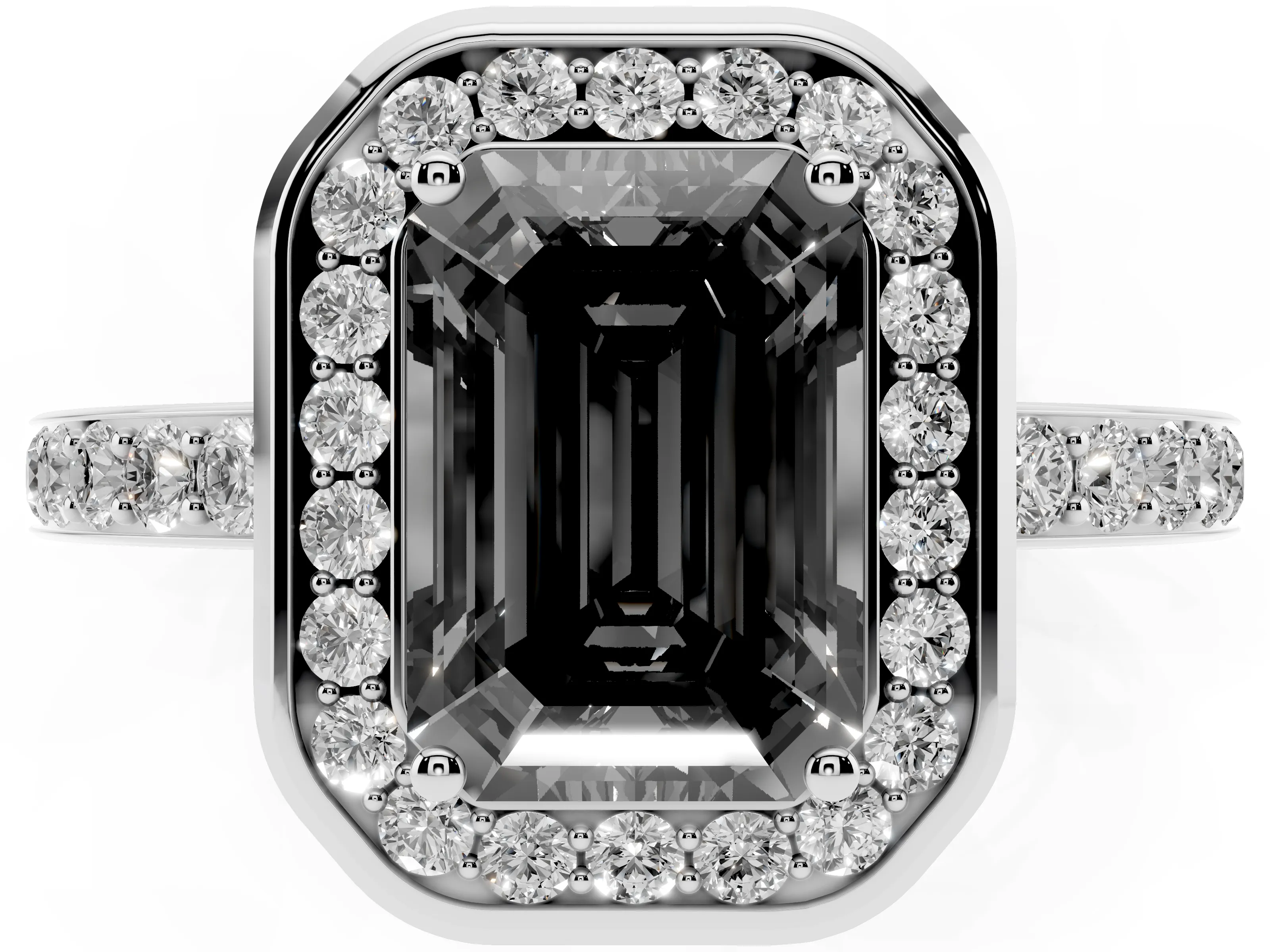 Fancy Black Emerald Cut Diamond Halo Ring Set in Platinum with Bezel Frame and Pavé Band
