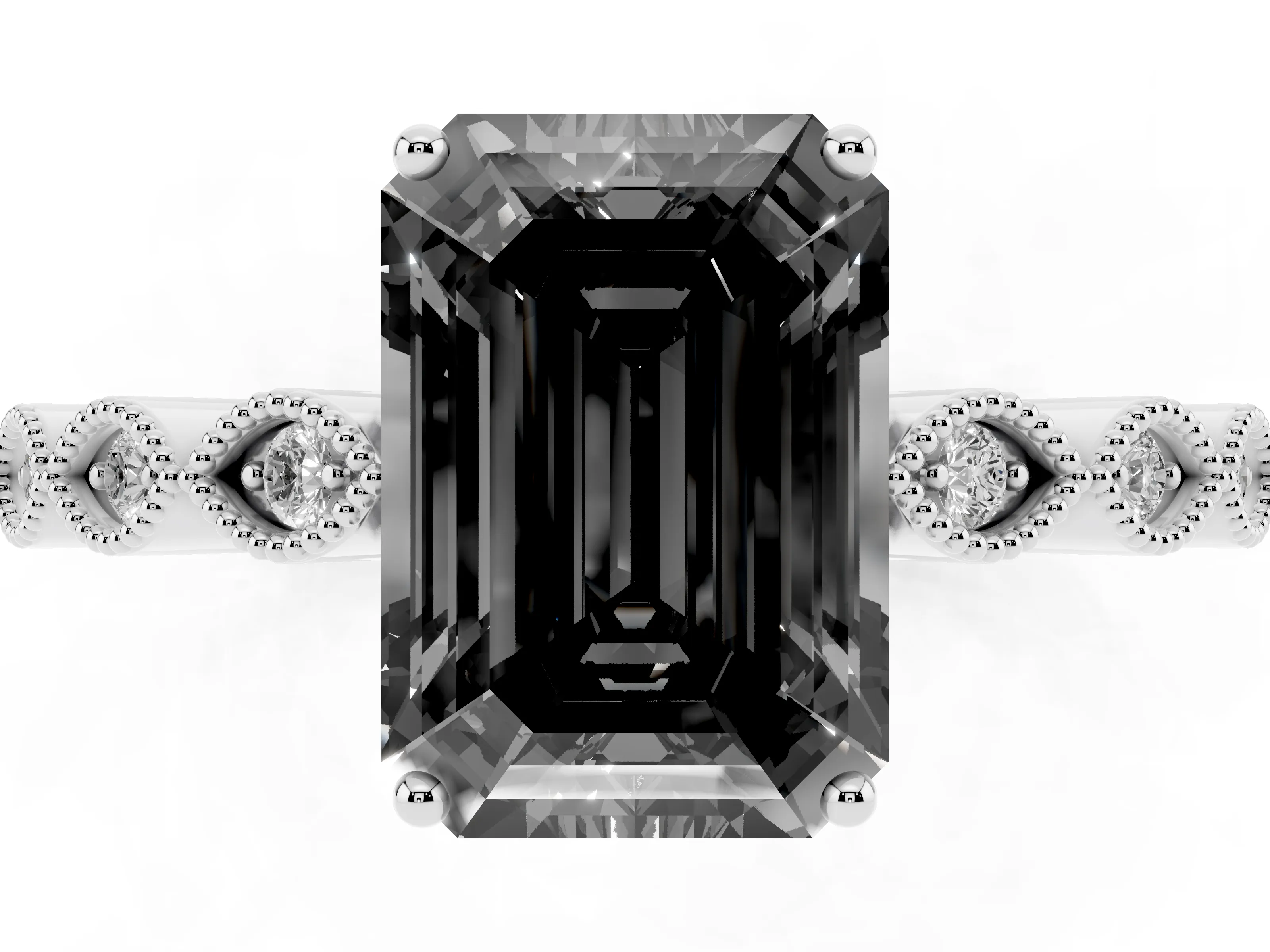 Fancy Black Emerald Cut Diamond Solitaire Ring Set in Silver with Infinity Twist Pavé Band
