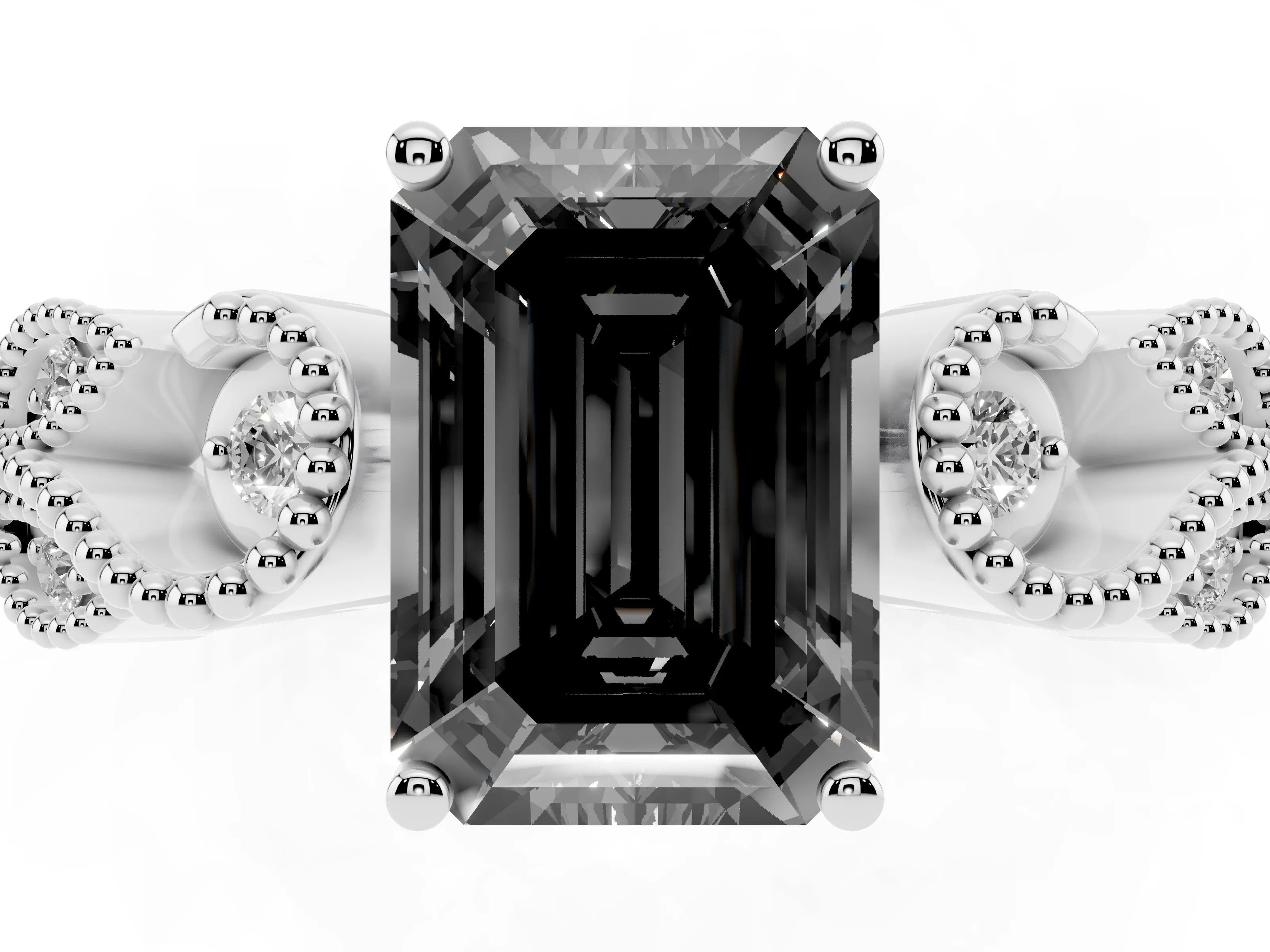 Fancy Black Emerald Cut Diamond Milgrain Leaf Band Solitaire Ring Set in Silver with Accent Stones and Prong Setting