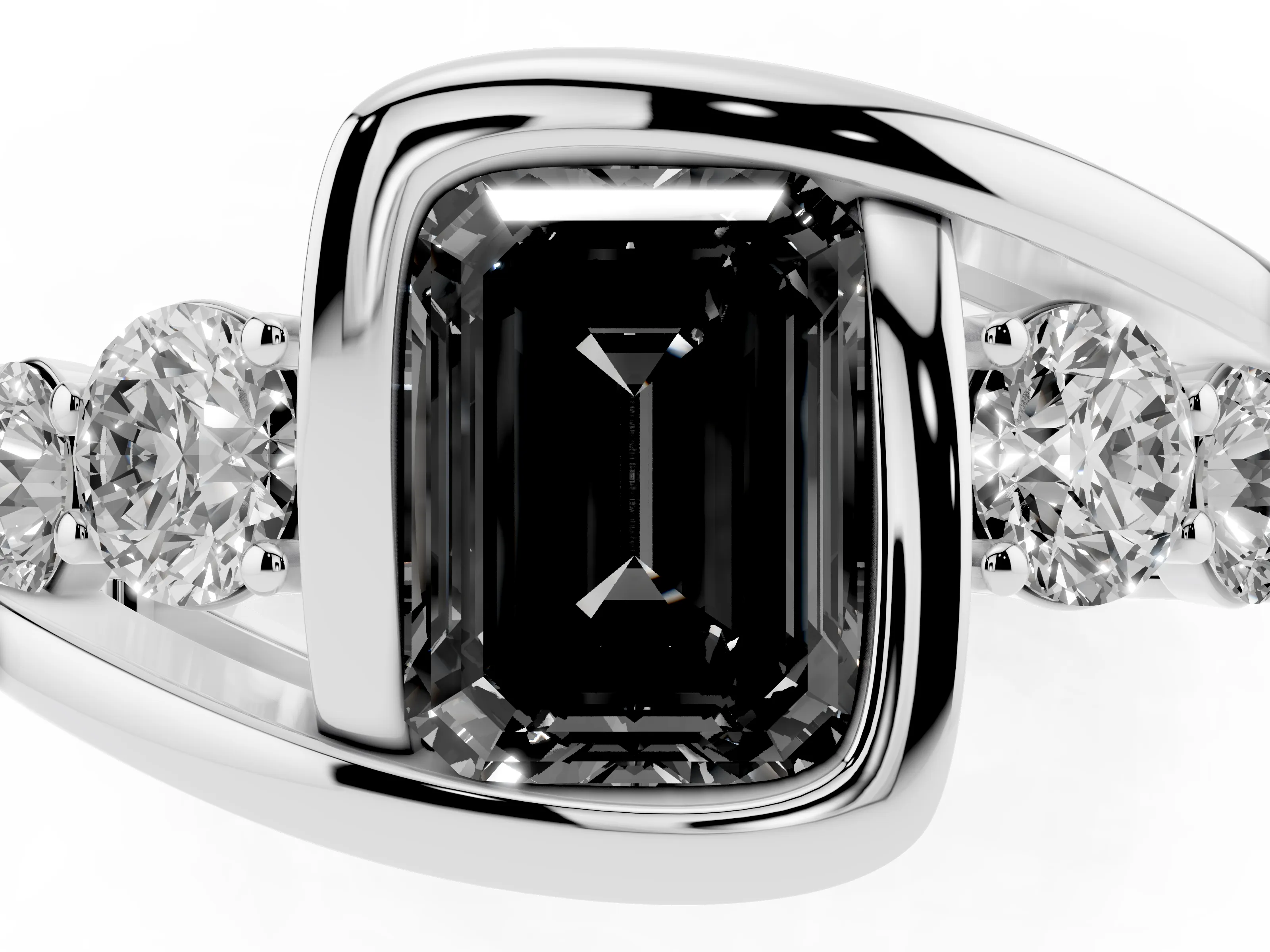 Fancy Black Emerald Cut Diamond Bezel Bypass Ring Set in Silver with Round Accents