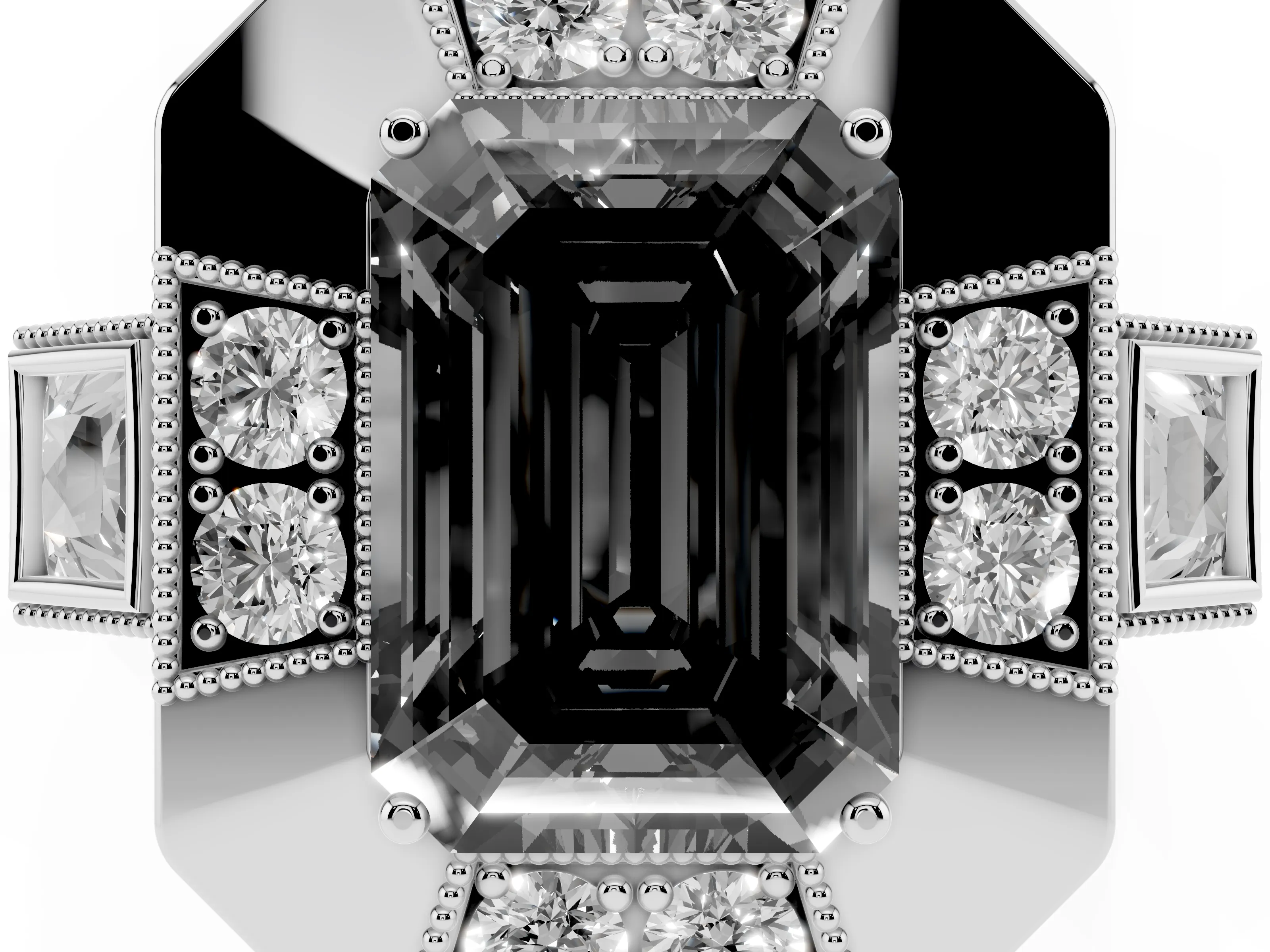 Fancy Black Emerald Cut Diamond Milgrain Halo Ring Set in Silver with Split Shank