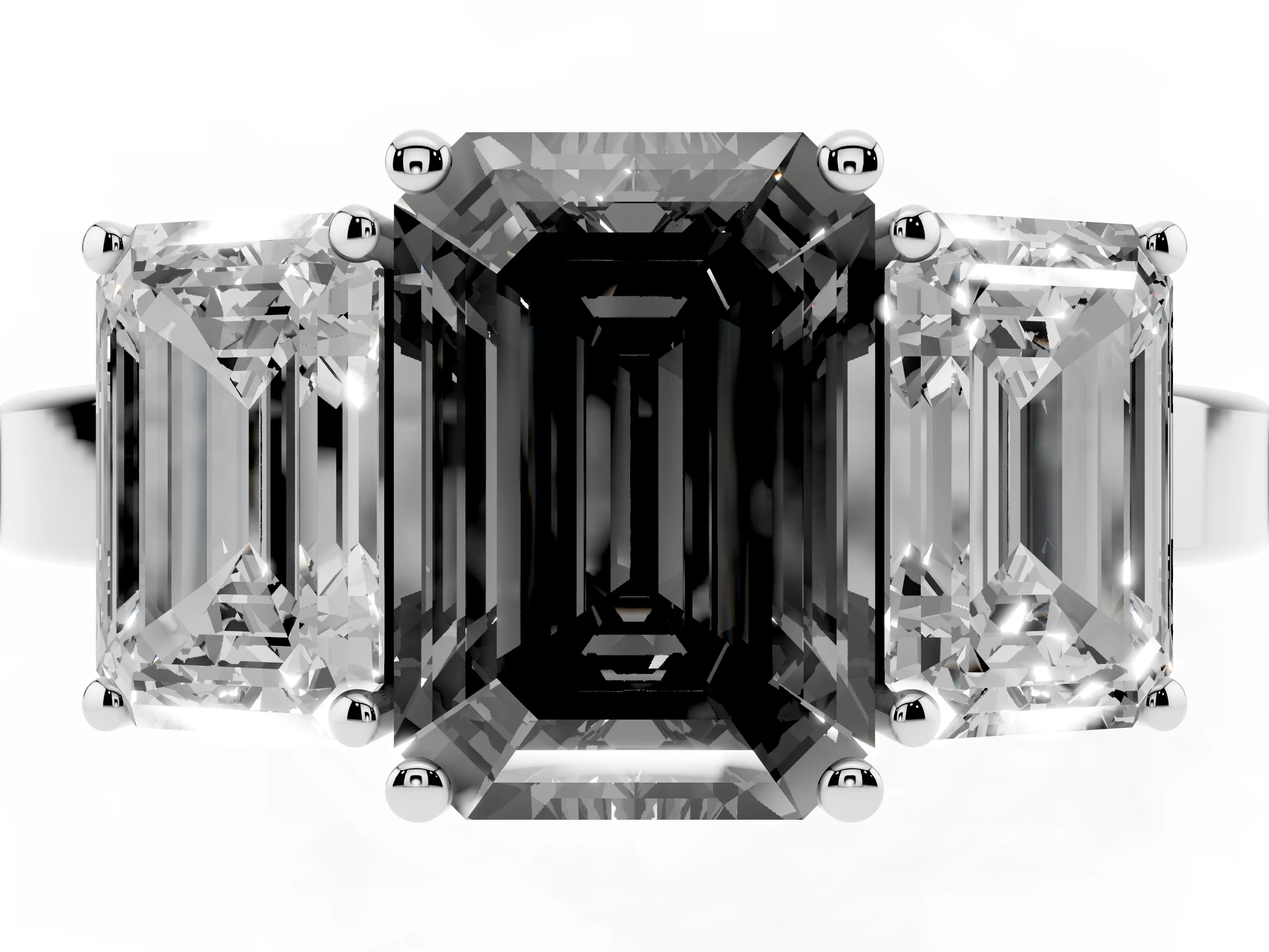 Fancy Black Emerald Cut Diamond Three-Stone Engagement Ring Set in Silver with Flat Band