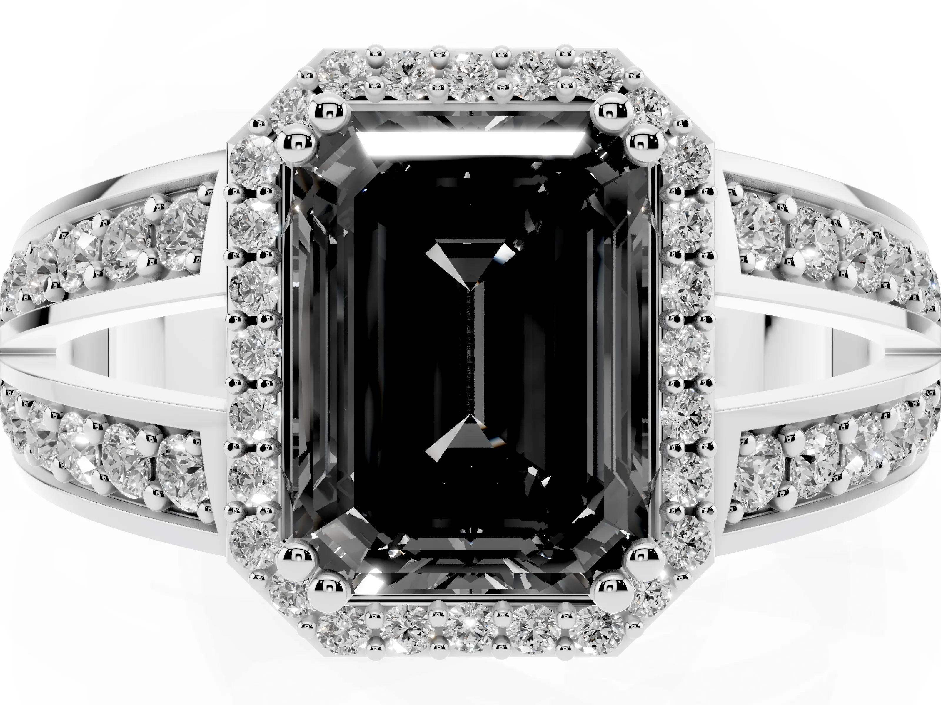 Fancy Black Emerald Cut Diamond Halo Ring Set in White gold with Double Pavé Split Shank