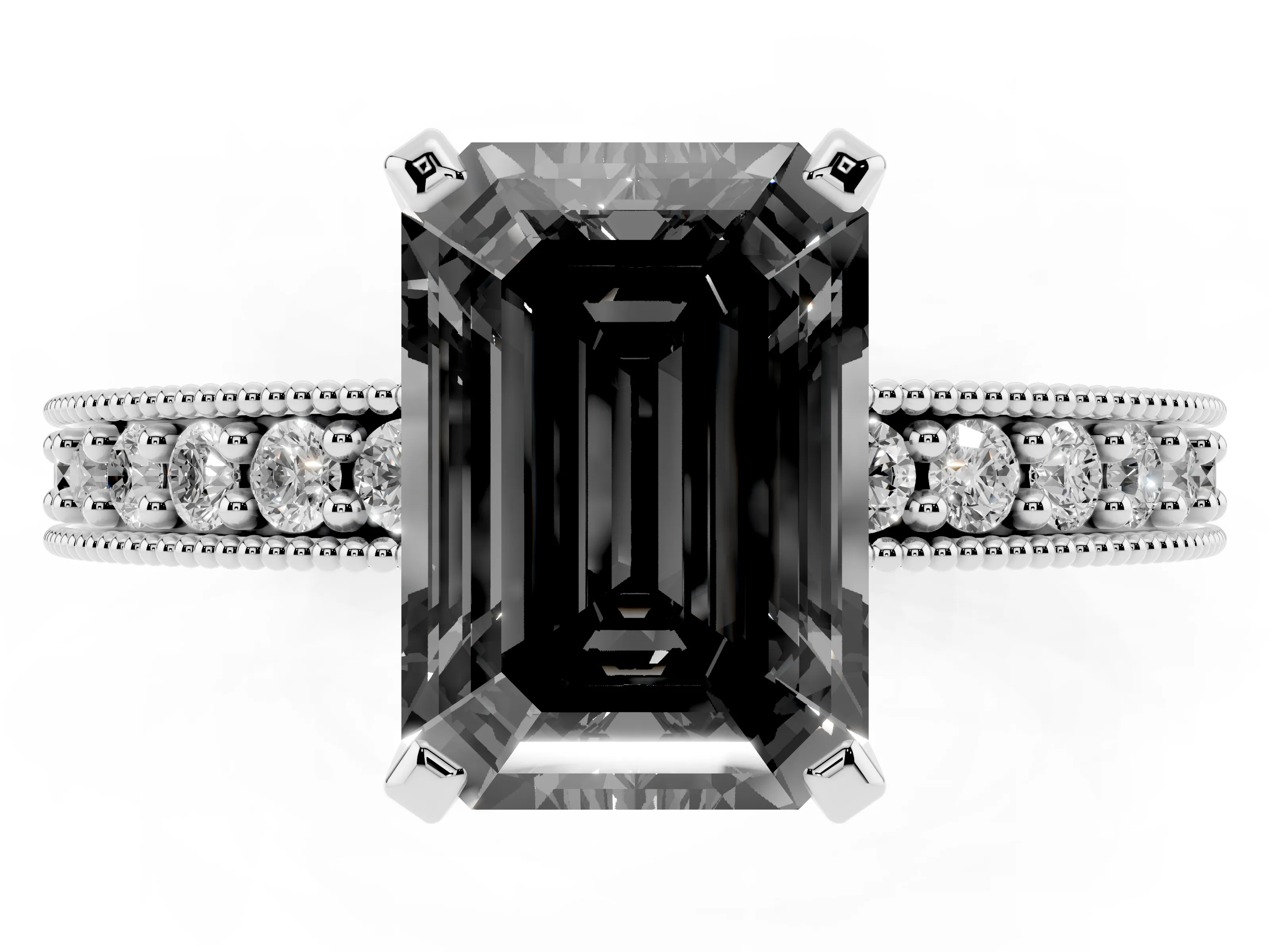 Fancy Black Emerald Cut Diamond Milgrain Pavé Engagement Ring Set in Silver with Prong Setting