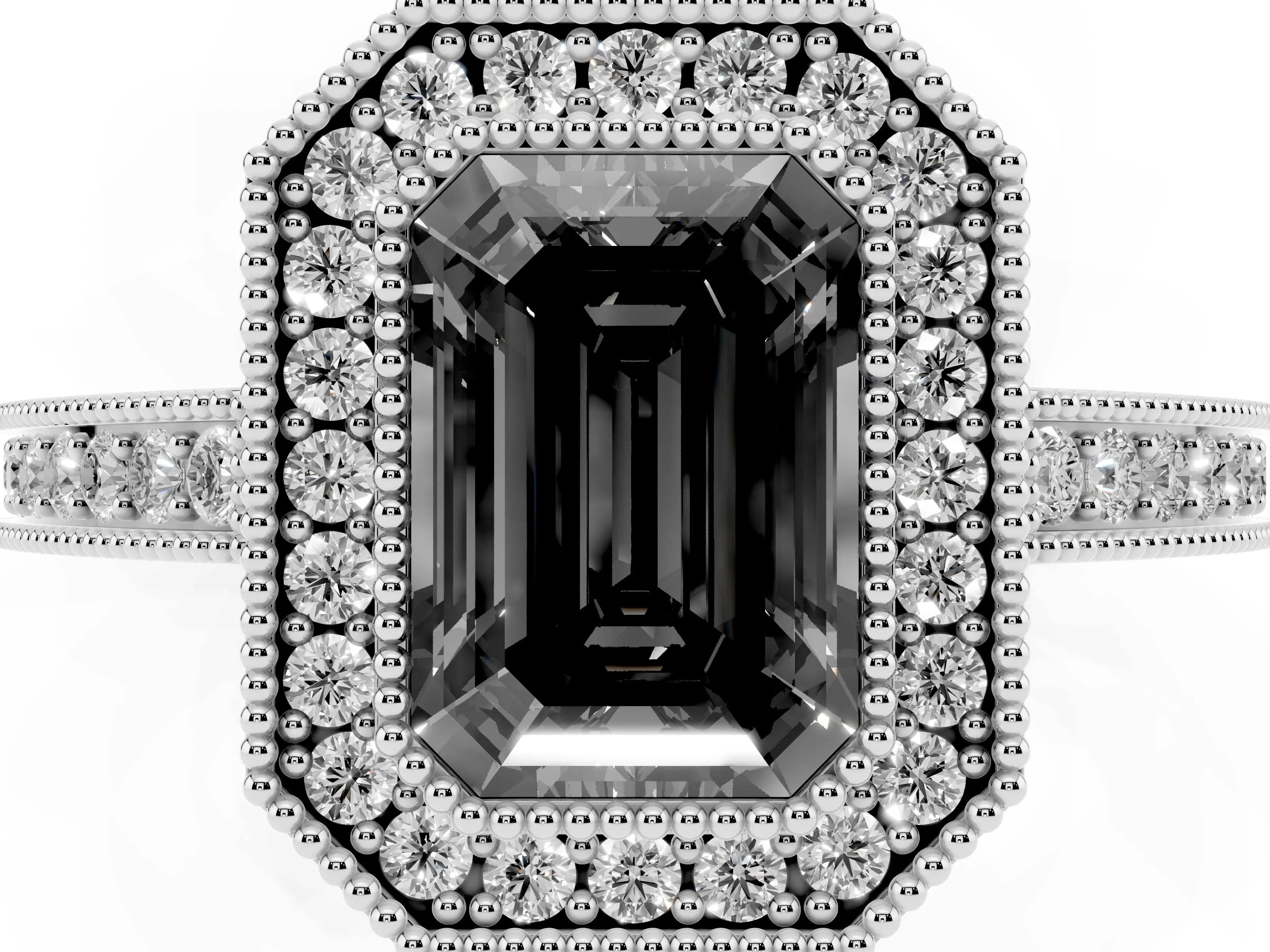 Fancy Black Emerald Cut Diamond Round Halo Ring Set in Silver with Pavé Band