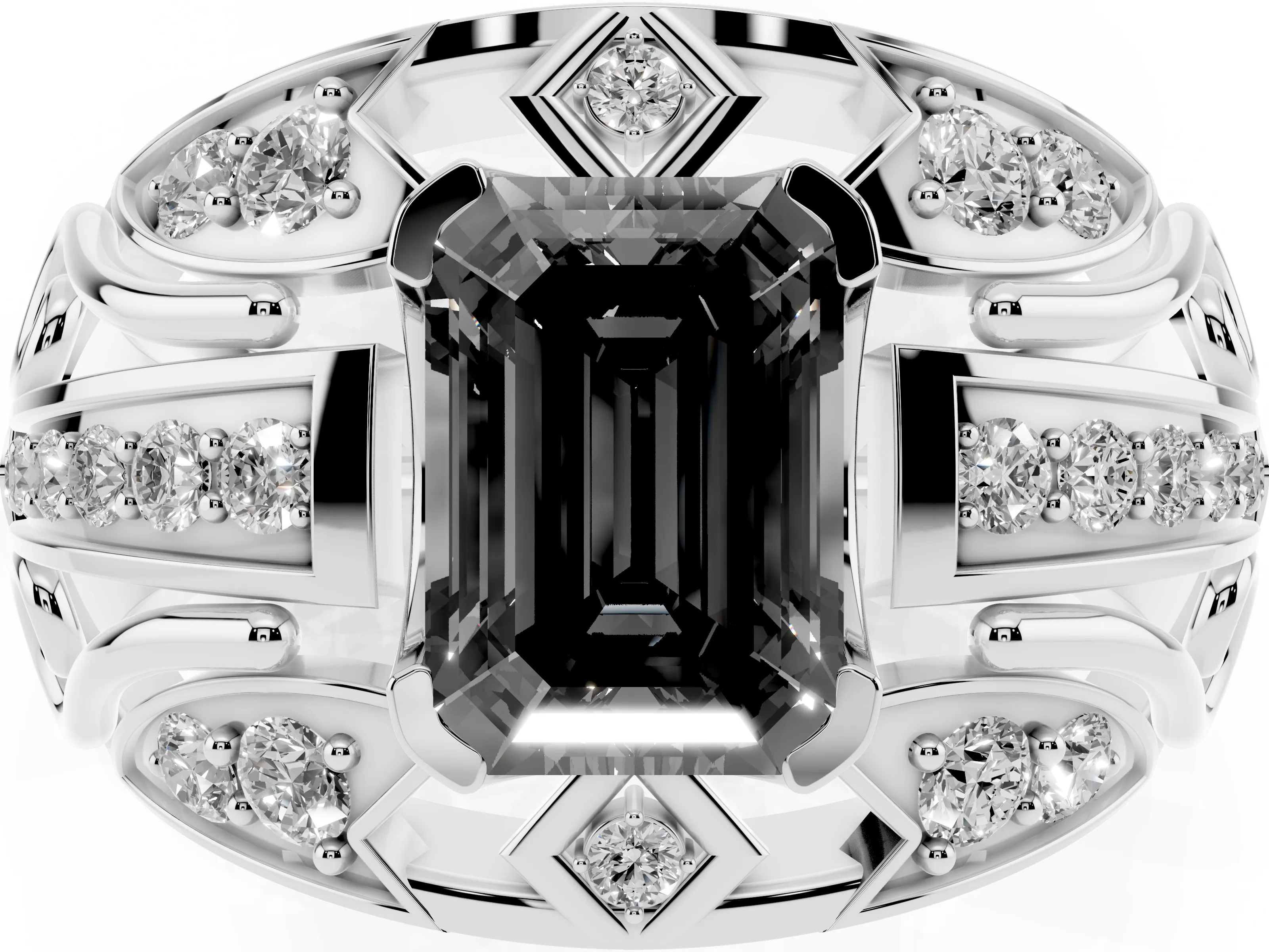 Fancy Black Emerald Cut Diamond Art Deco Ring Set in Silver with Pavé Split Shank