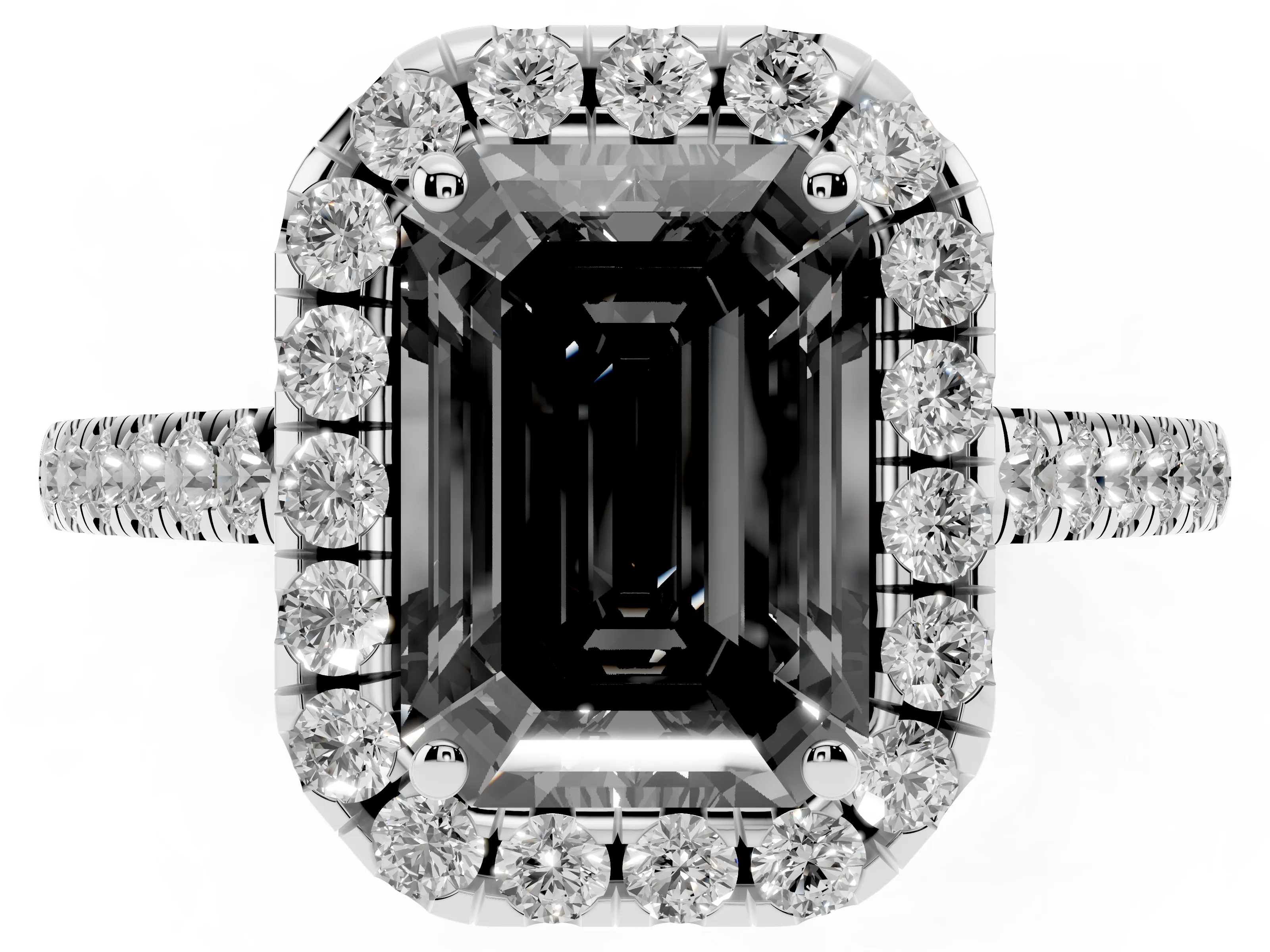 Fancy Black Emerald Cut Diamond Halo Pavé Engagement Ring Set in Platinum with Prong Setting