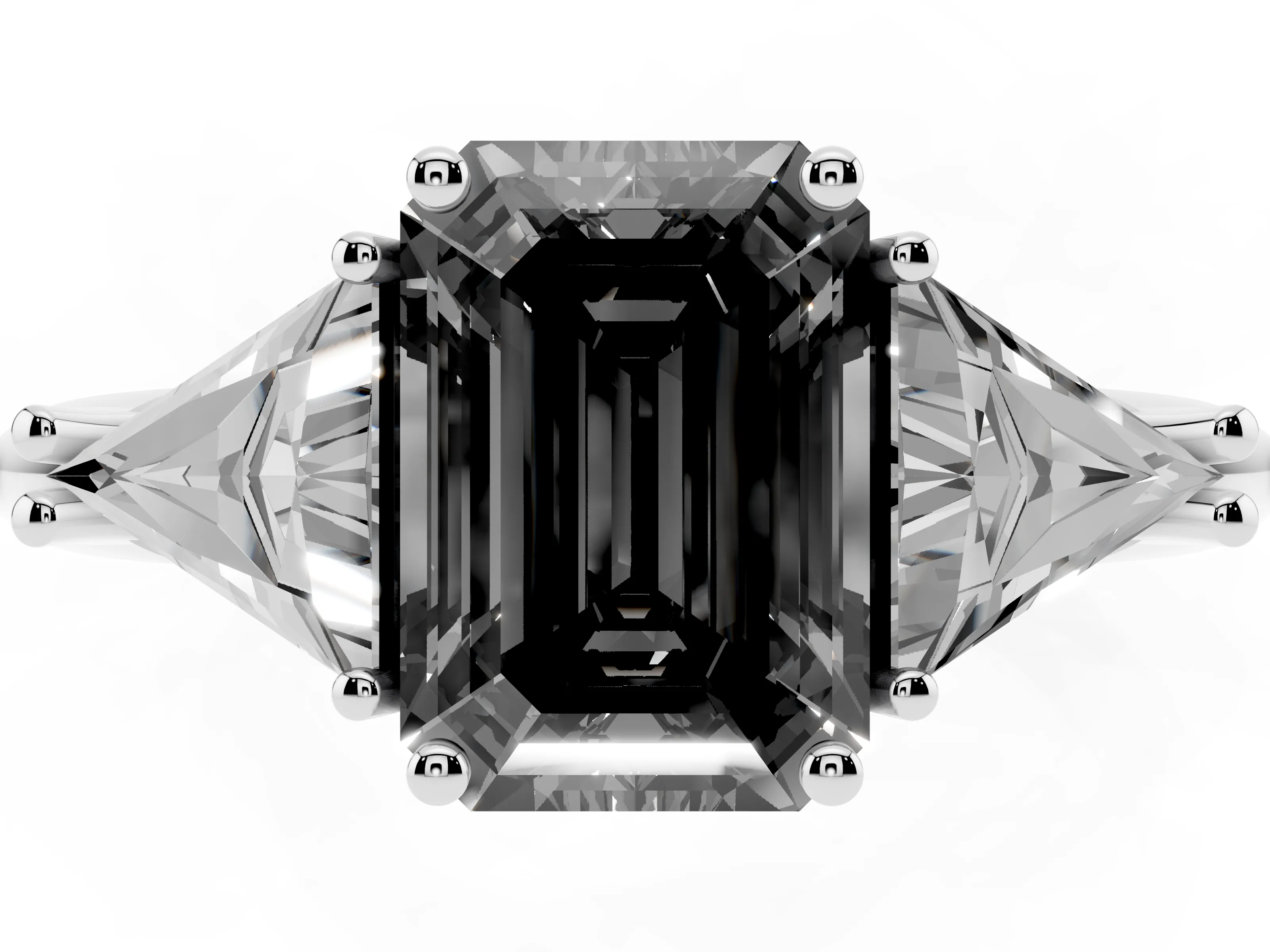 Fancy Black Emerald Cut Diamond Three-Stone Engagement Ring Set in Platinum with Trillion Side Stones