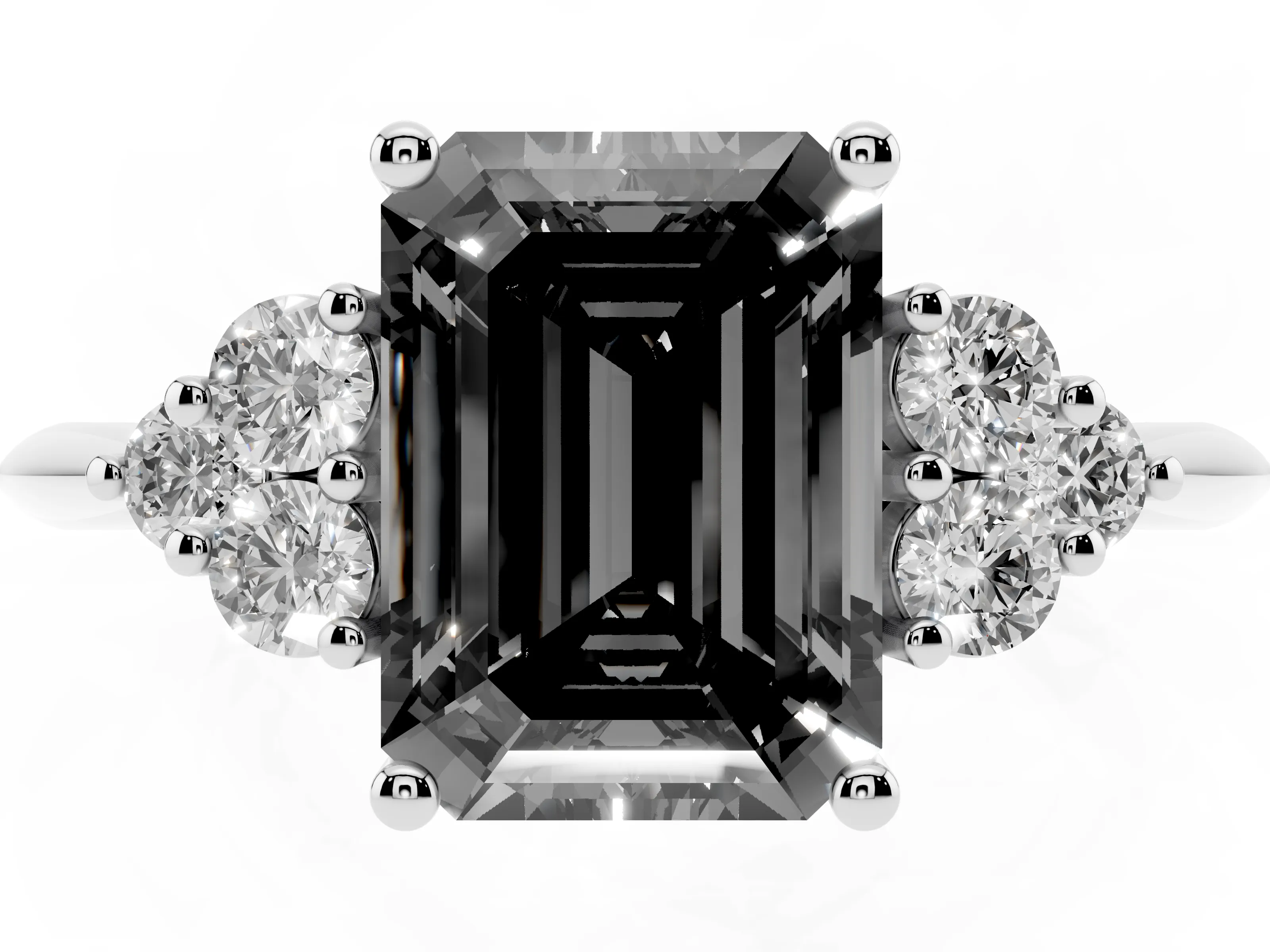 Fancy Black Emerald Cut Diamond Cluster Ring Set in Platinum with Plain Band and Prong Setting