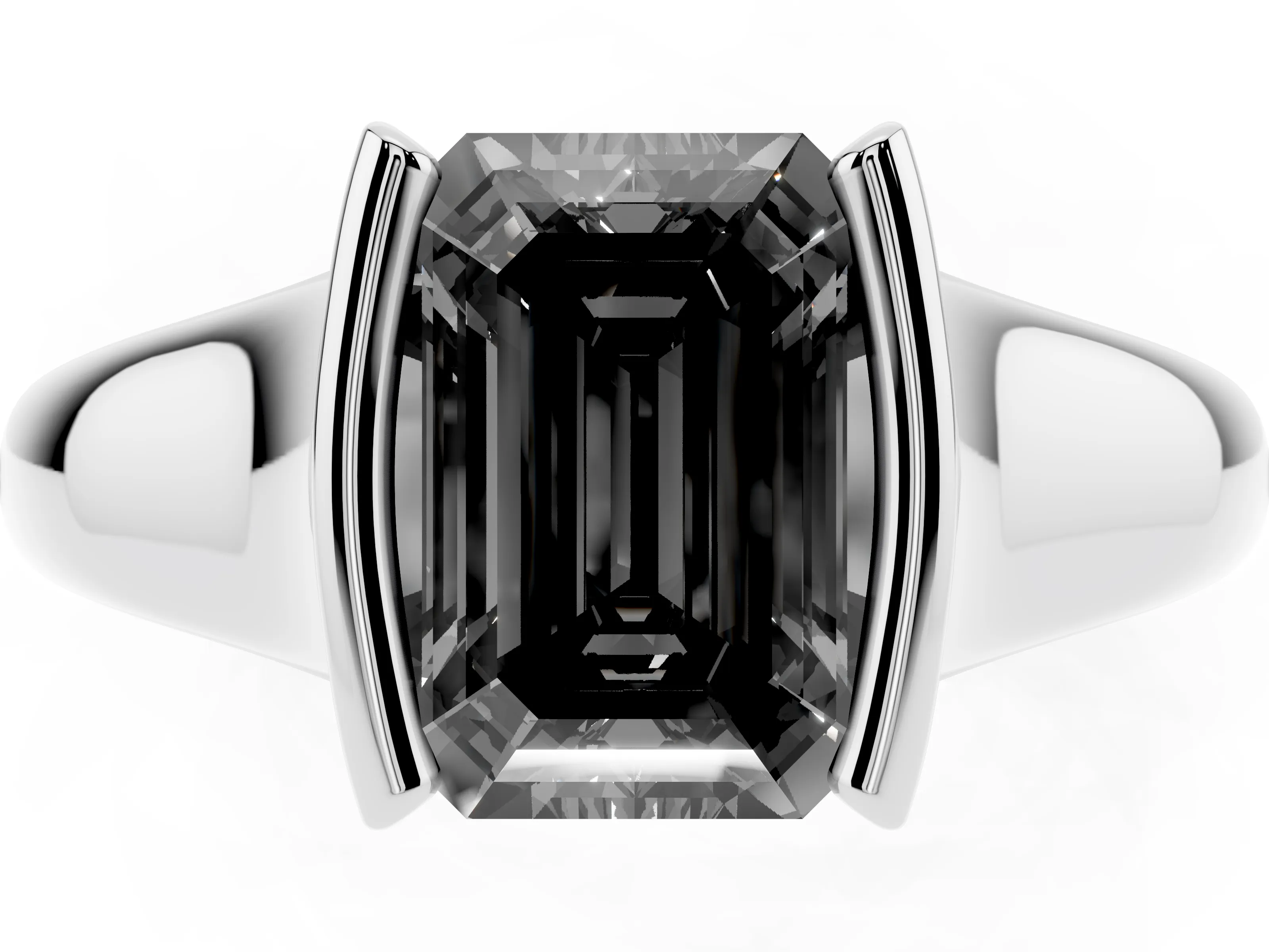 Fancy Black Emerald Cut Diamond Solitaire Tension Set Ring Set in White gold with Split Shank Band