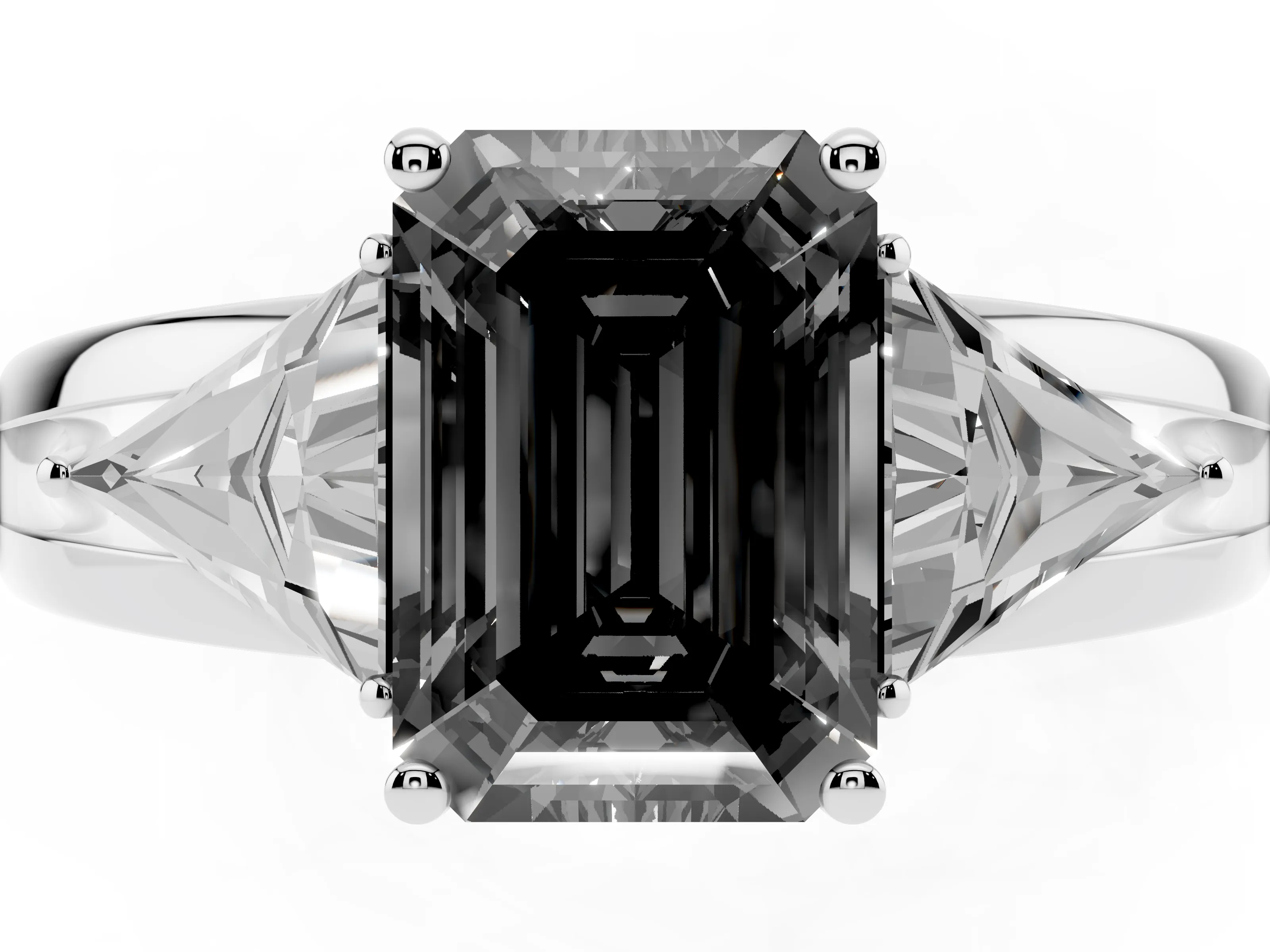 Fancy Black Emerald Cut Diamond Three-Stone Ring Set in Silver with Trillion Side Stones and Split Shank