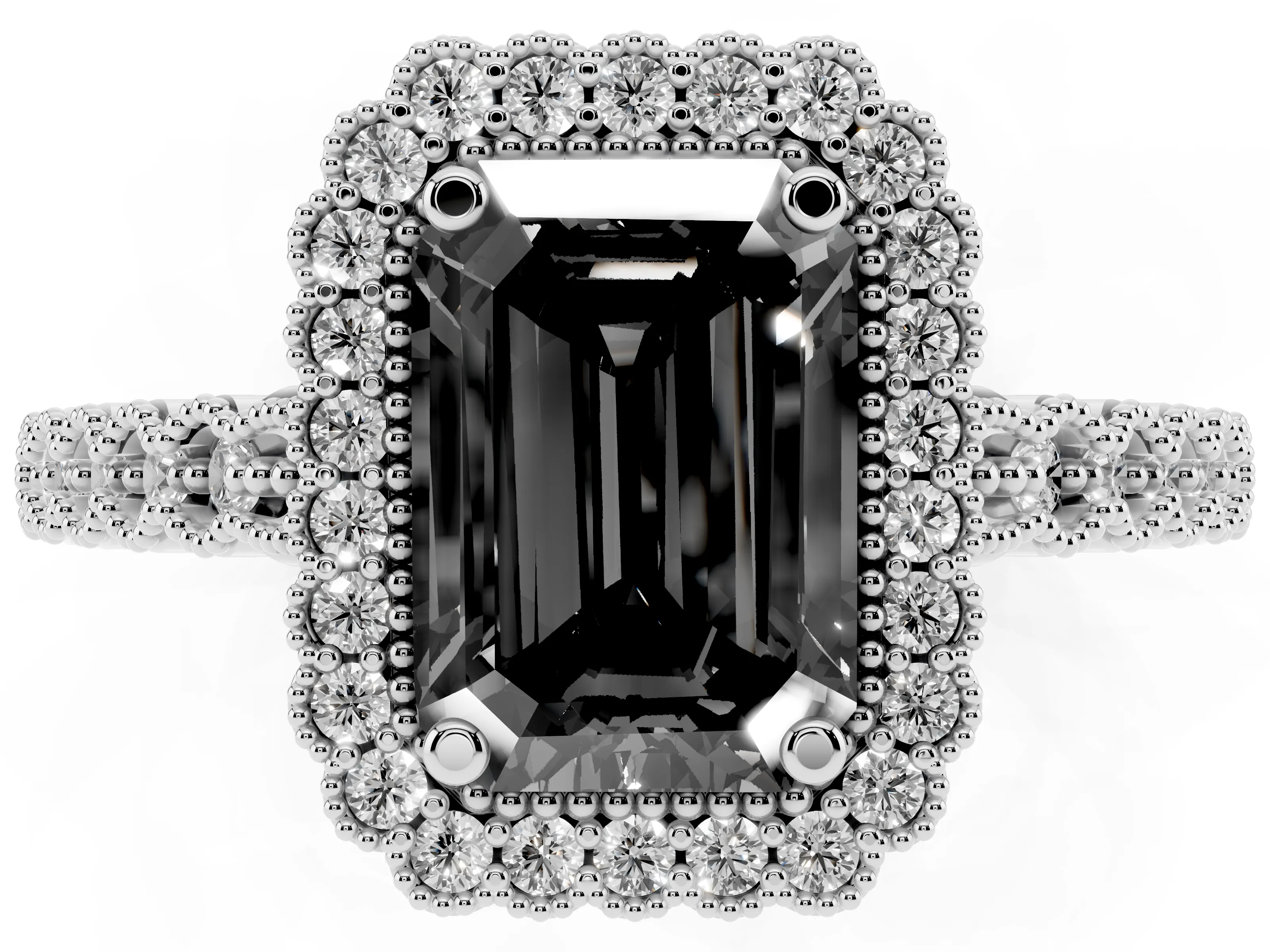Fancy Black Emerald Cut Diamond Halo Ring Set in White gold with Pavé Milgrain Band
