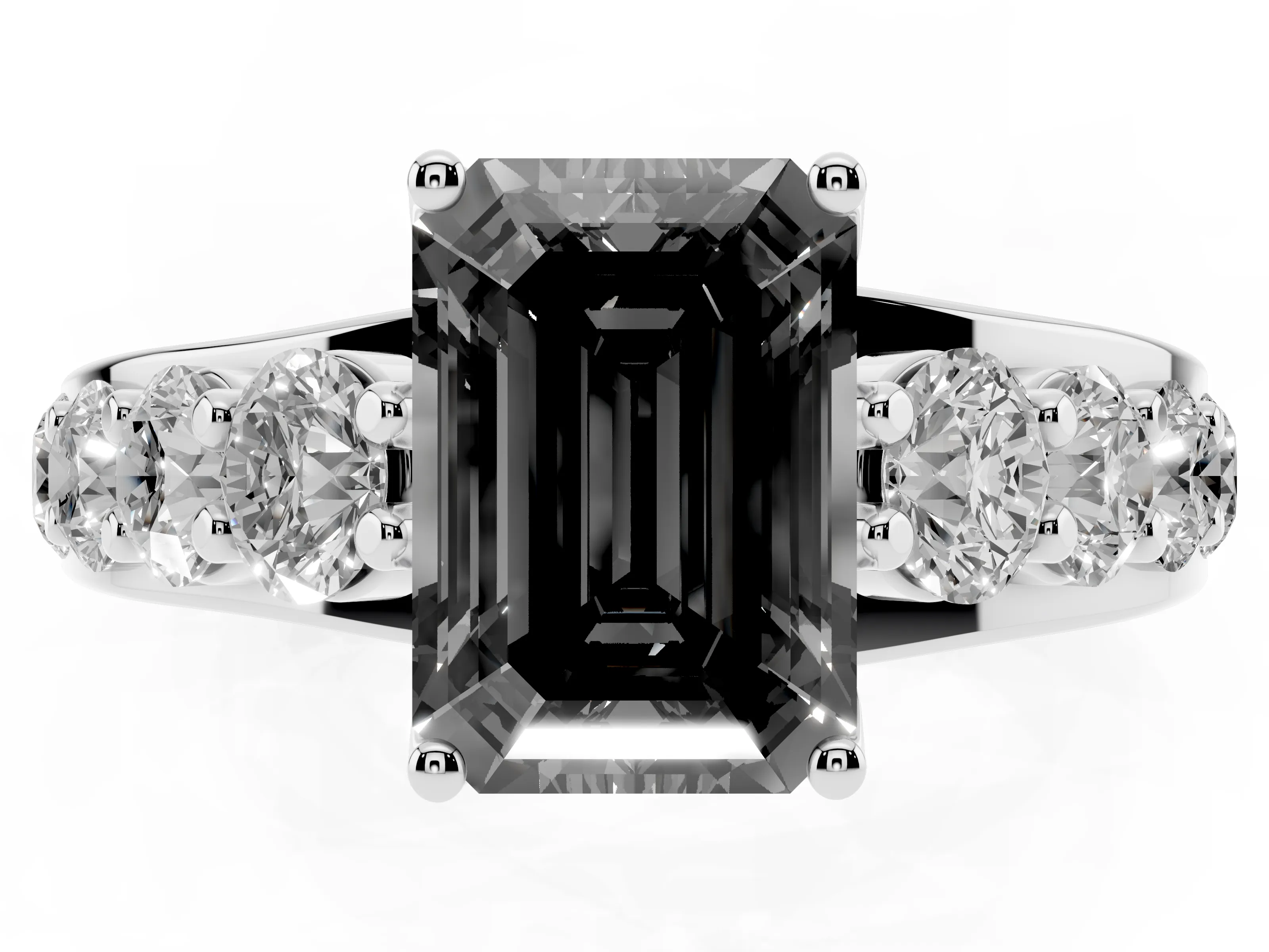 Fancy Black Emerald Cut Diamond Pavé Engagement Ring Set in White gold with Prong Setting
