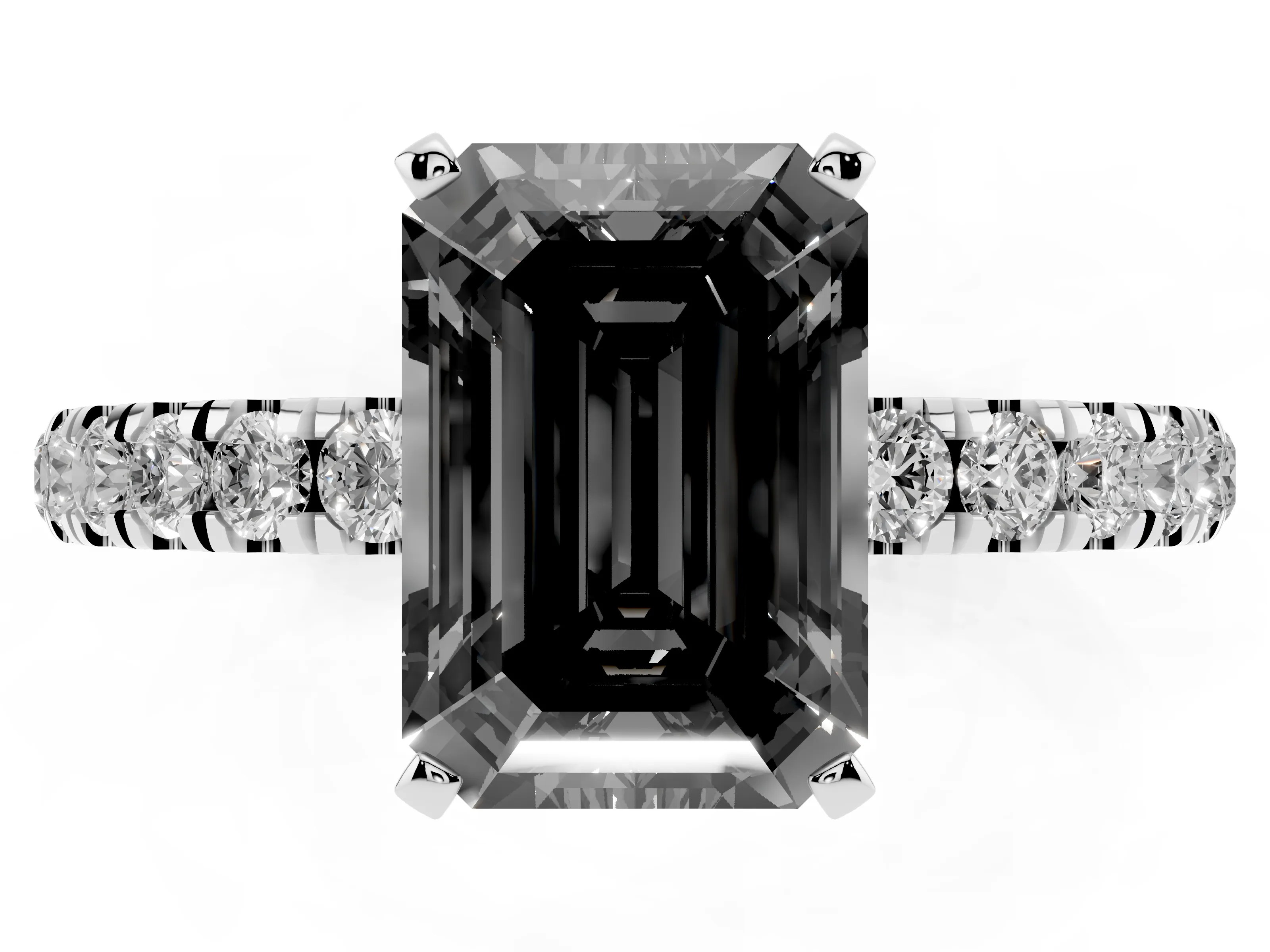 Fancy Black Emerald Cut Diamond Solitaire Ring Set in Platinum with Pavé Accents and Prong Setting