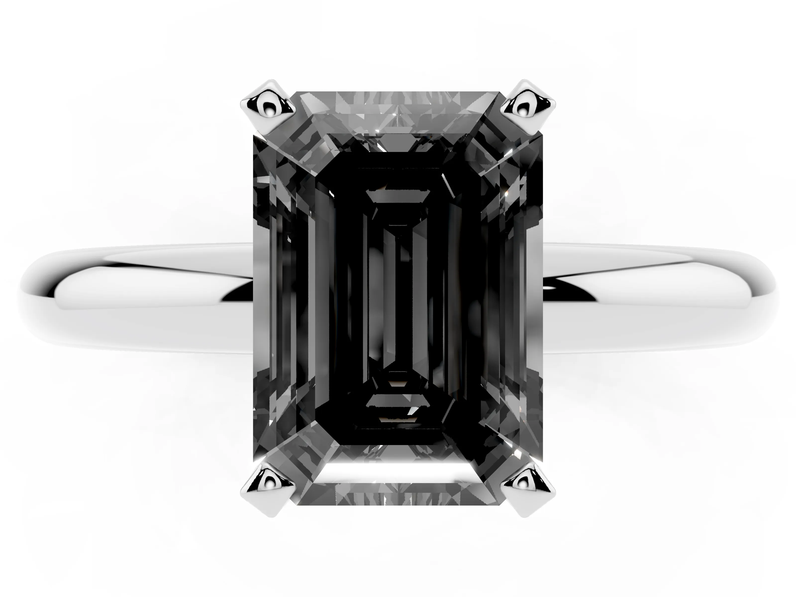 Fancy Black Emerald Cut Diamond Solitaire Engagement Ring Set in Platinum with Round Band and Prong Setting